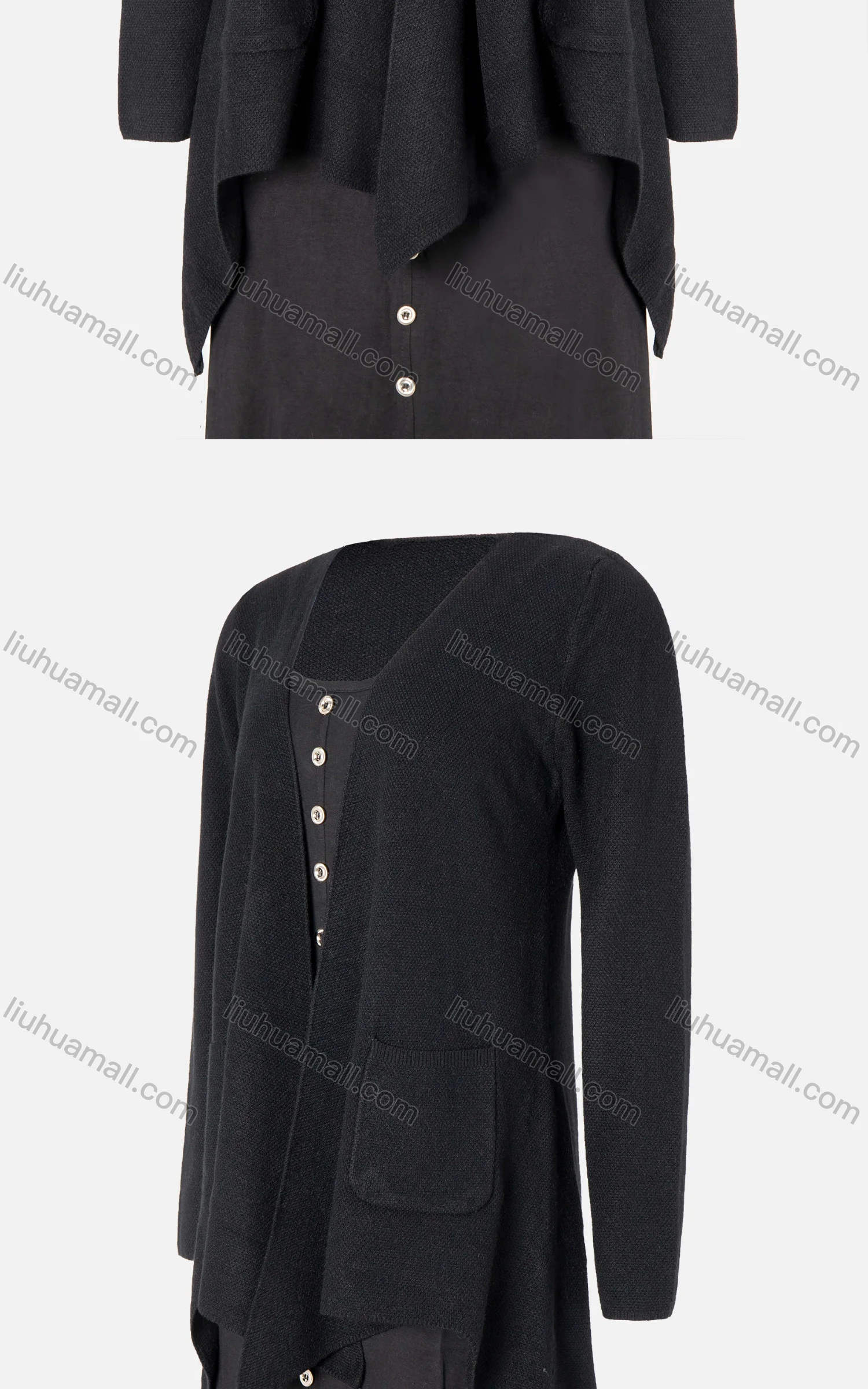 Wholesale Women's Plain High Low Asymmetrical Hem Open Front Pocket Cardigan - Liuhuamall