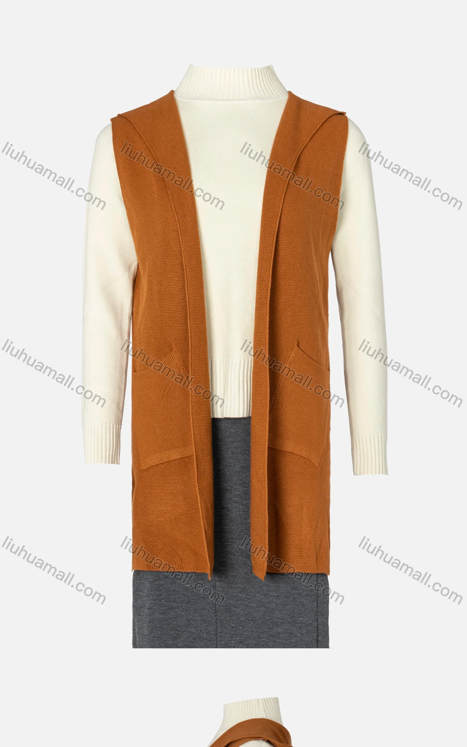 Wholesale Women's Plain Sleeveless Hooded Belted Side Slit Cardigan - Liuhuamall