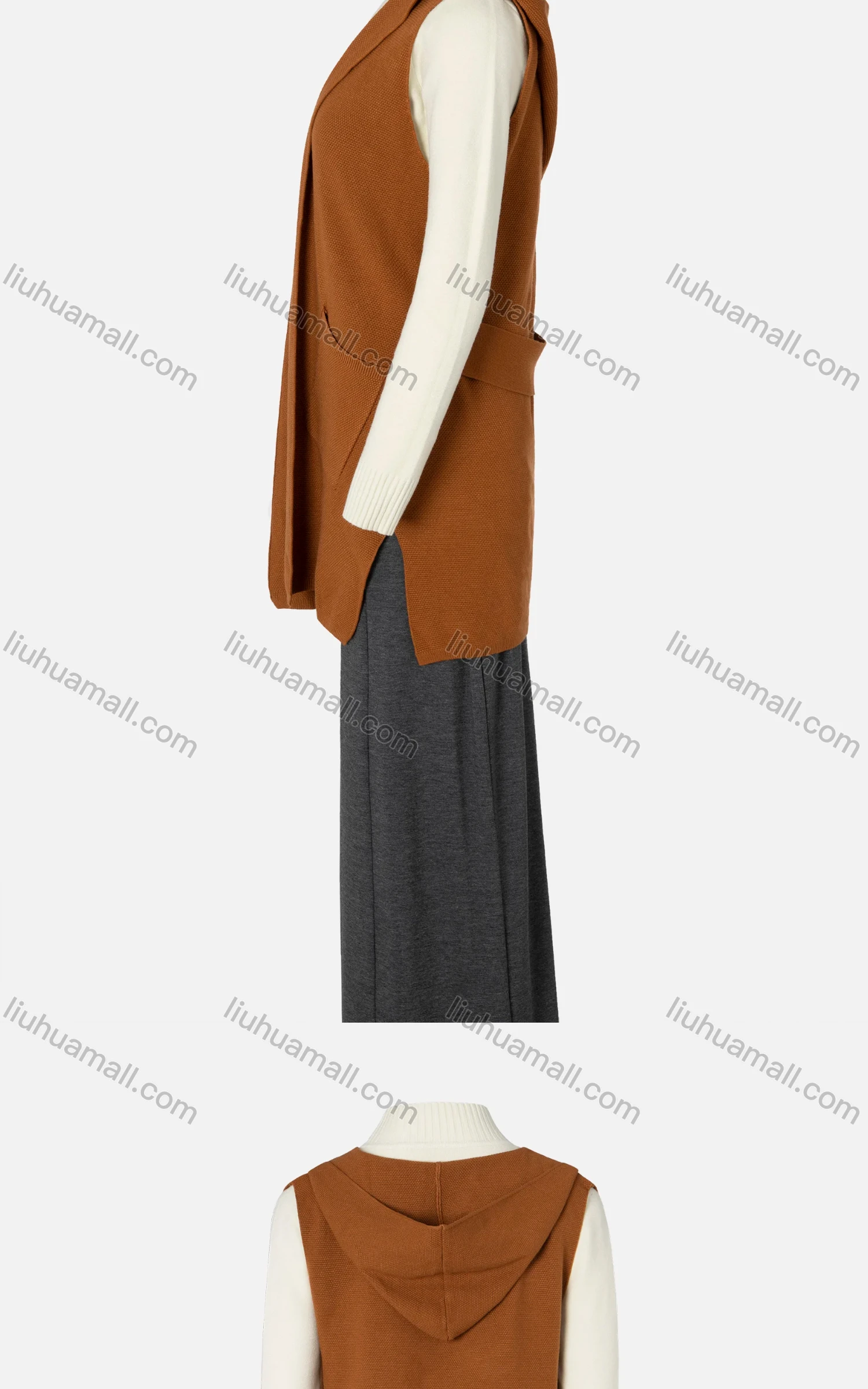Wholesale Women's Plain Sleeveless Hooded Belted Side Slit Cardigan - Liuhuamall