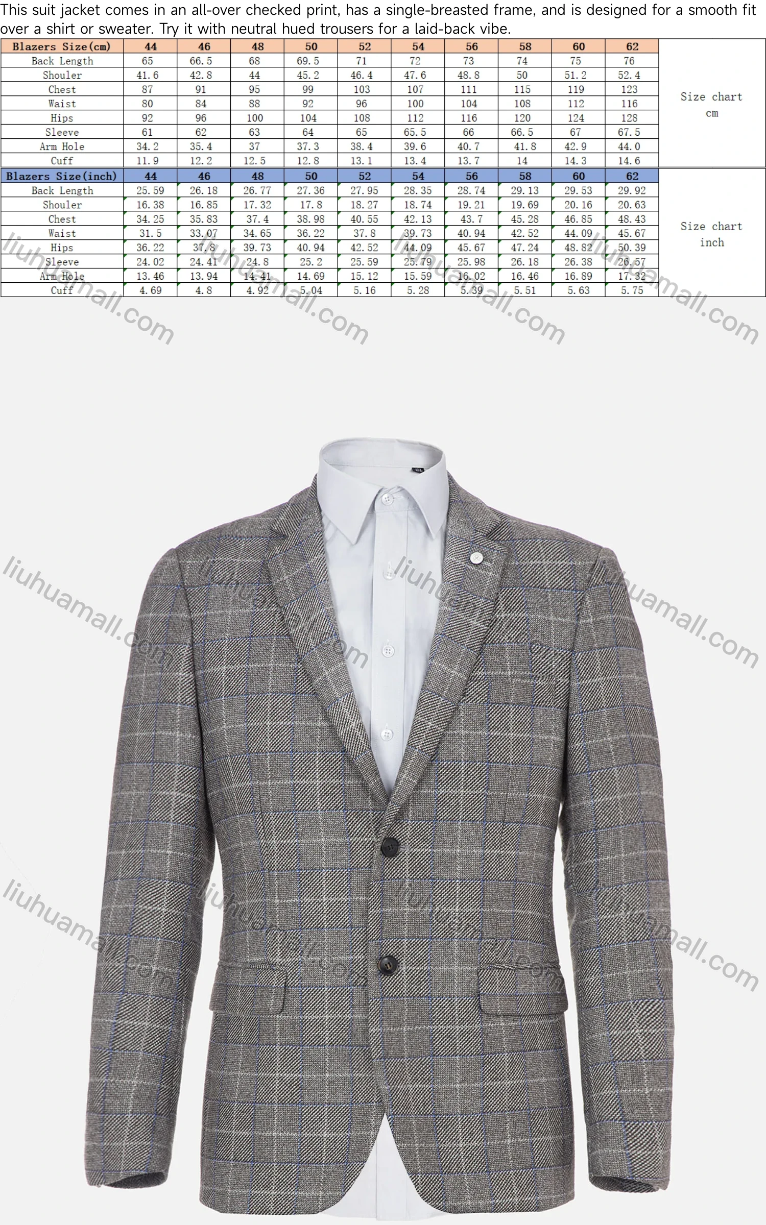 Wholesale Men's Casual Slim Fit Lapel Collar Pockets Plaid Single Breasted Patch Sleeve Blazer Jackets - Liuhuamall