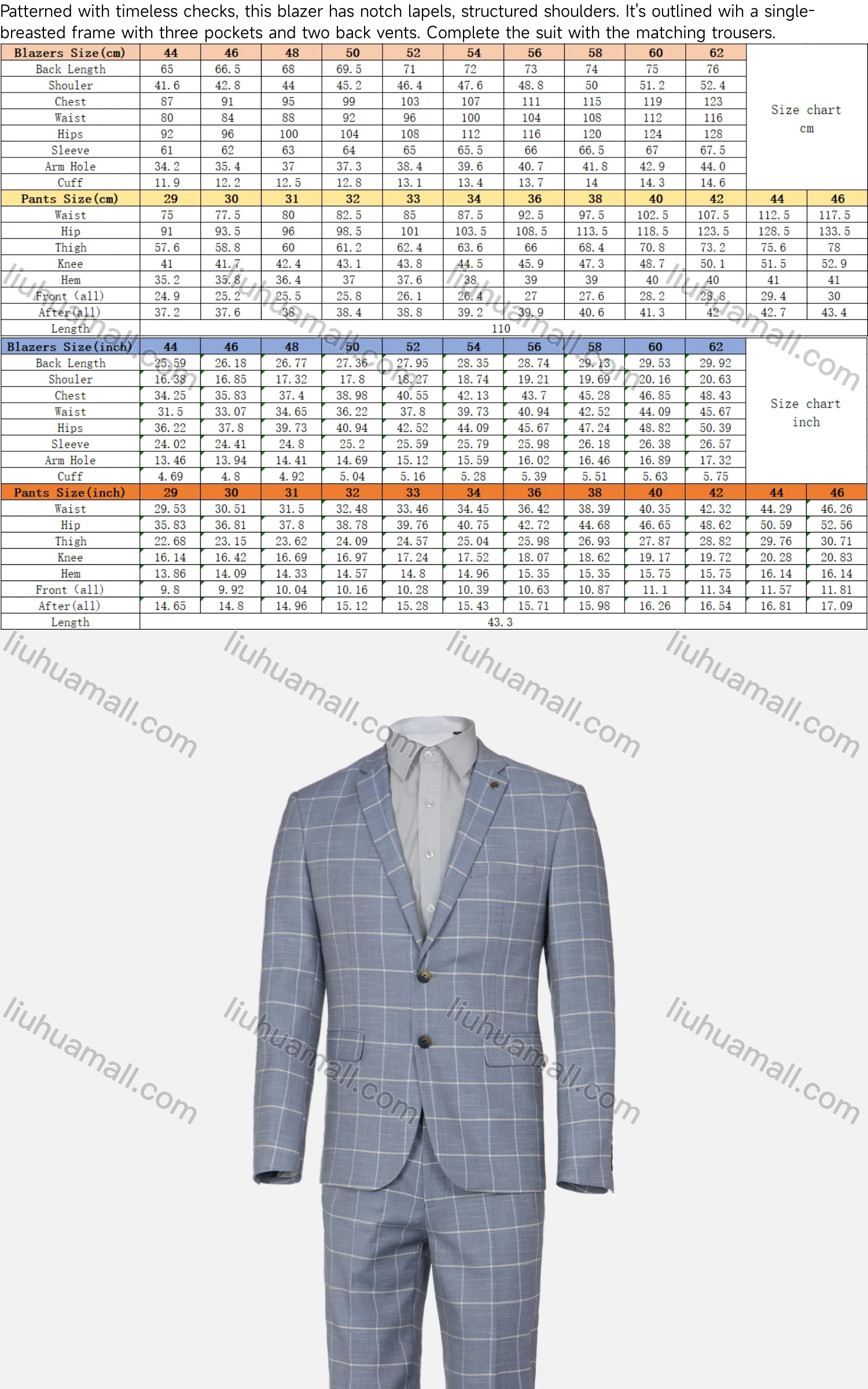 Wholesale Men's Formal Plaid Single Breasted Pockets Lapel Blazer & Trousers 2 Piece Sets - Liuhuamall