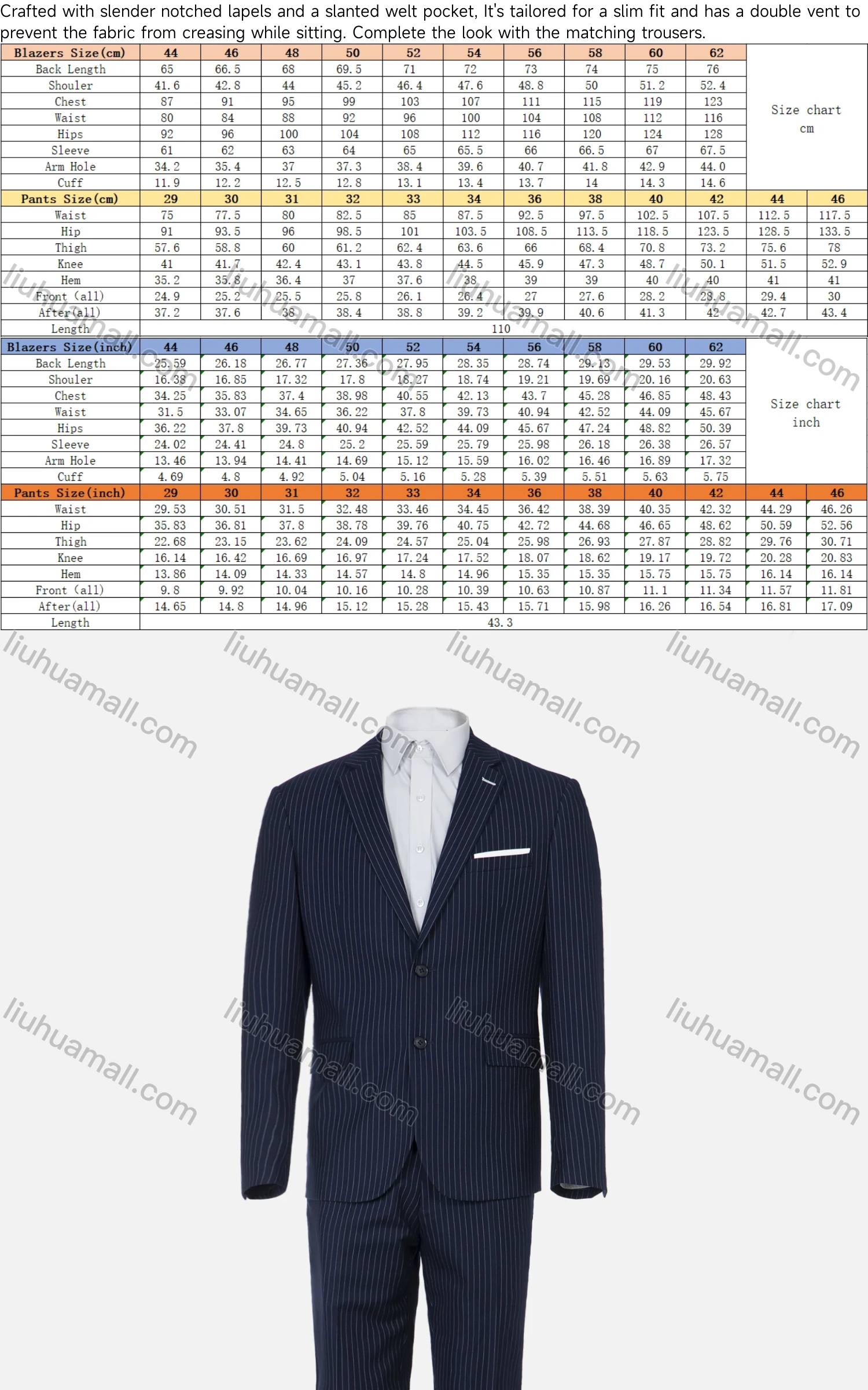 Wholesale Men's Business Striped Single Breasted Pockets Lapel Slim Fit Blazer & Trousers 2 Piece Sets - Liuhuamall
