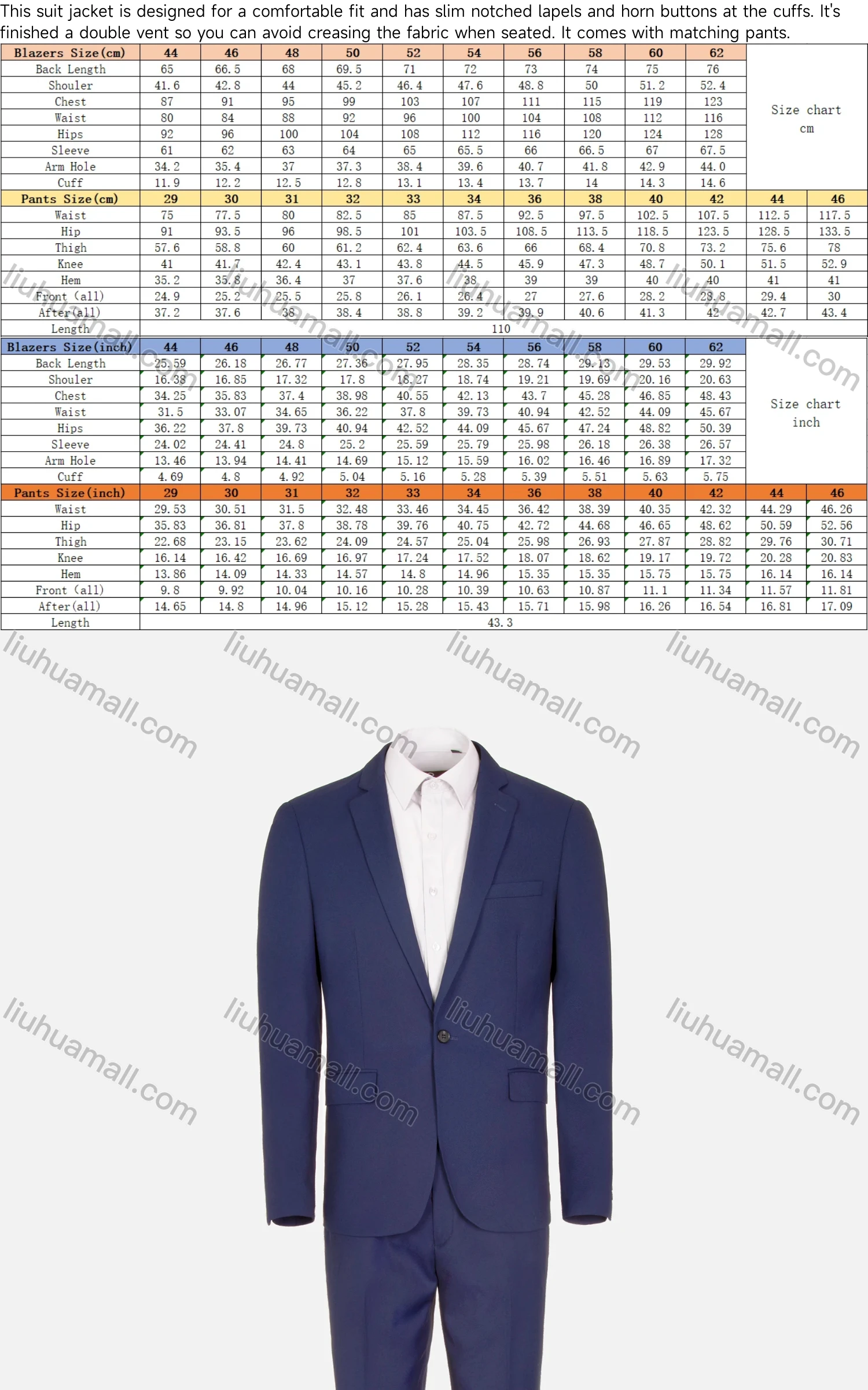 Wholesale Men's Business Plain One Button Pockets Lapel Slim Fit Blazer & Pants 2 Piece Sets - Liuhuamall