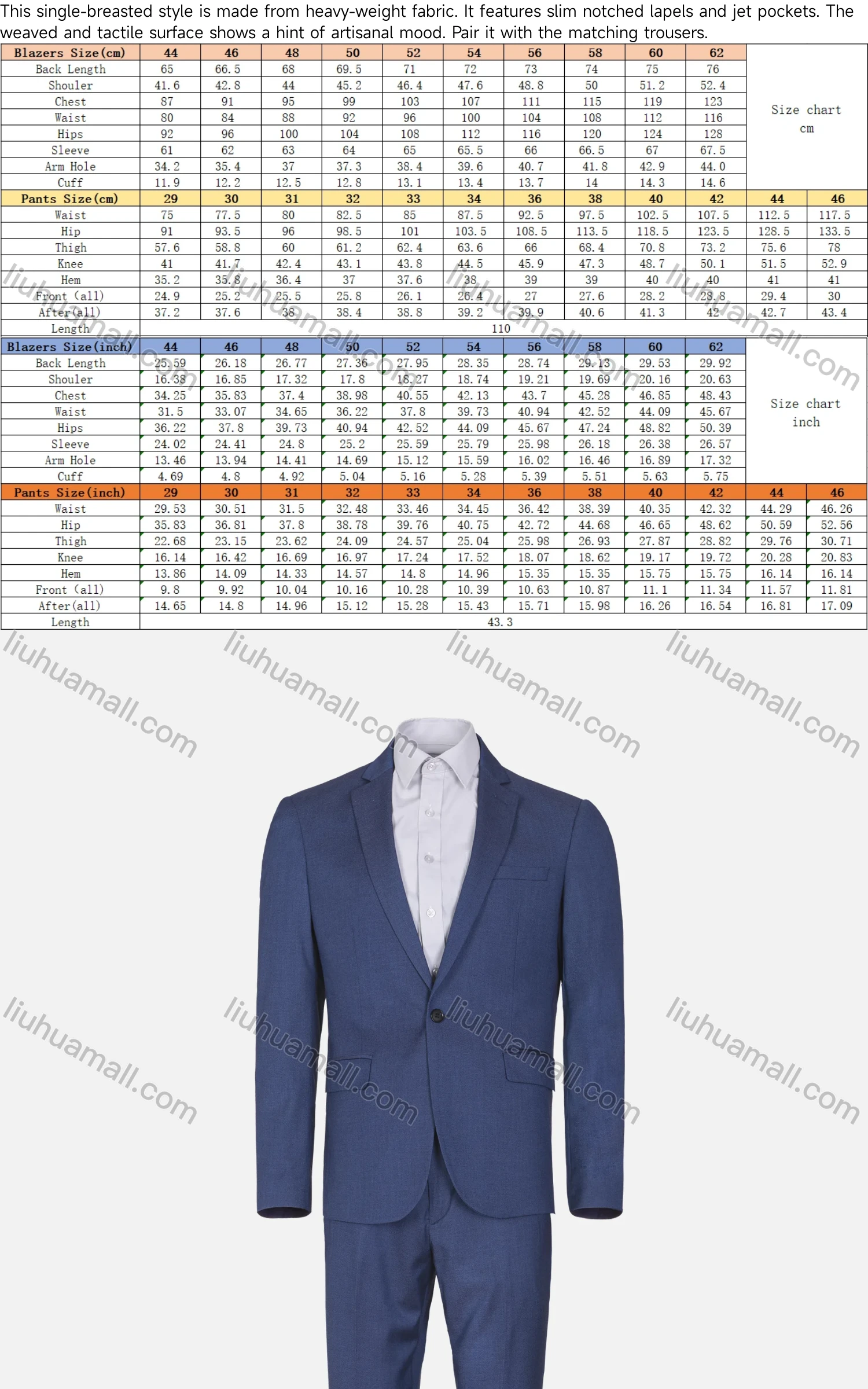 Wholesale Men's Business Plain One Button Pockets Lapel Slim Fit Blazer & Trousers 2 Piece Sets - Liuhuamall