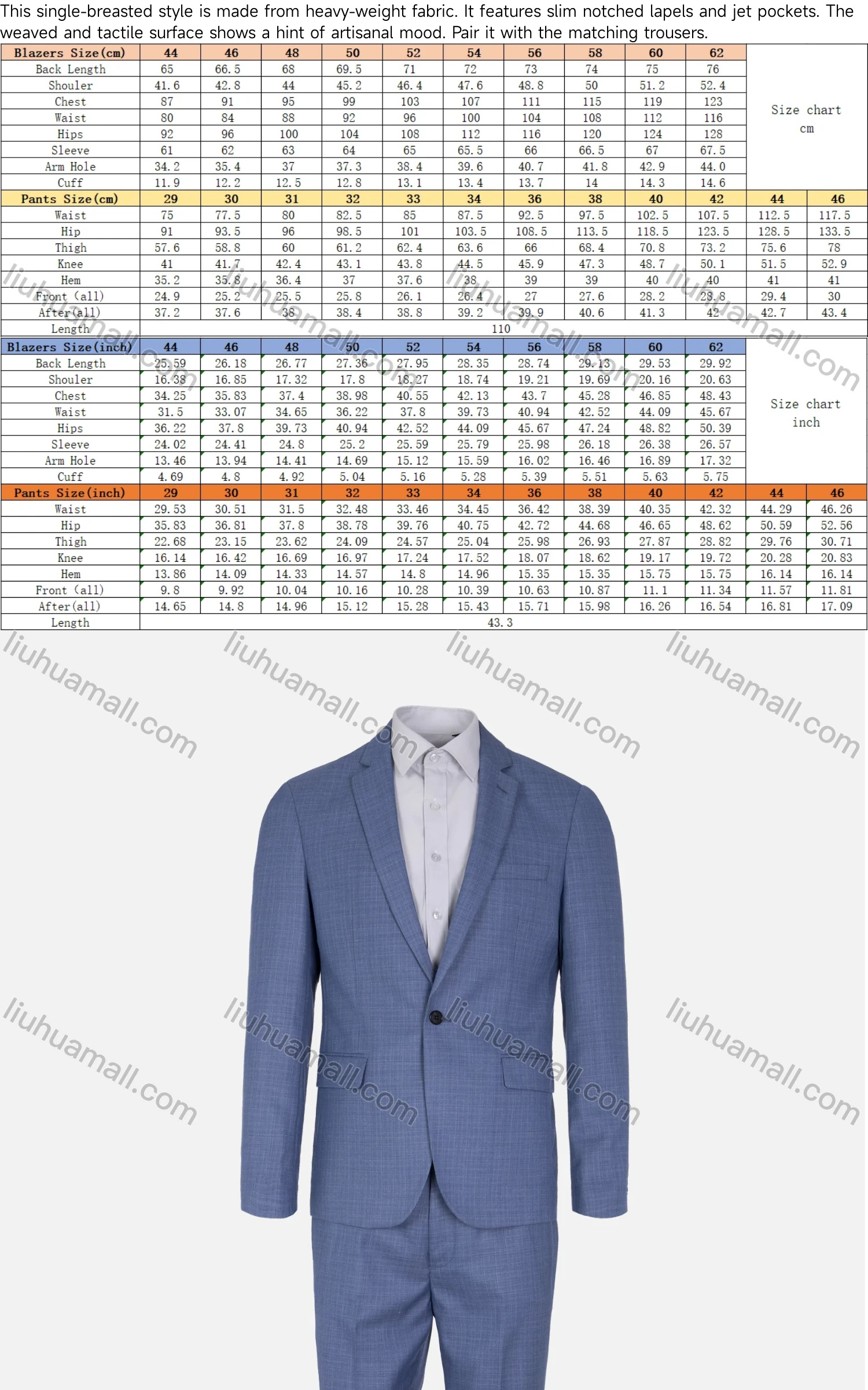 Wholesale Men's Formal Plain One Button Pockets Lapel Slim Fit Blazer & Trousers 2 Piece Sets - Liuhuamall