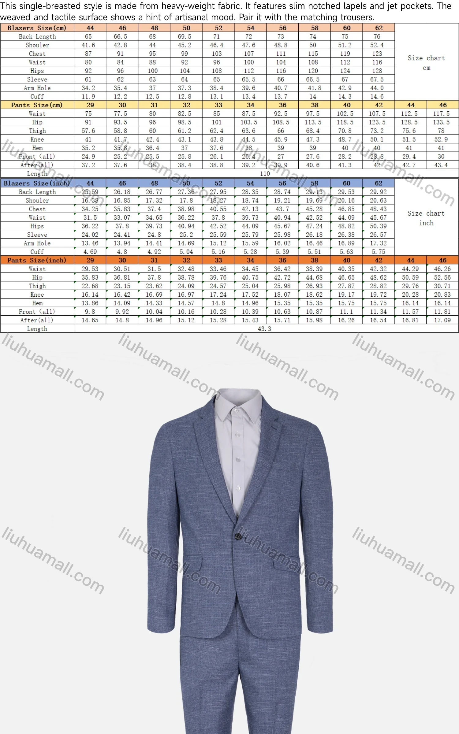 Wholesale Men's Formal Plain One Button Pockets Lapel Slim Fit Blazer & Trousers 2 Piece Sets - Liuhuamall