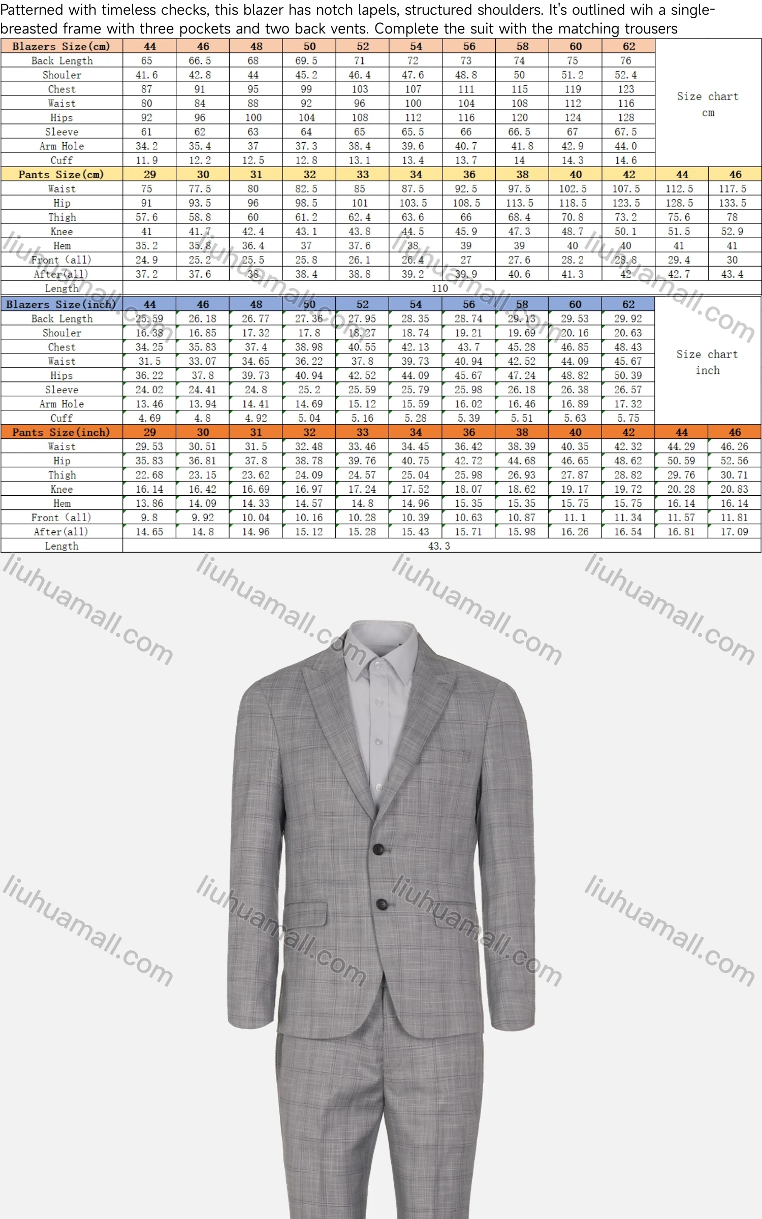 Wholesale Men's Formal Plaid Single Breasted Pockets Lapel Slim Fit Blazer & Trousers 2 Piece Sets - Liuhuamall
