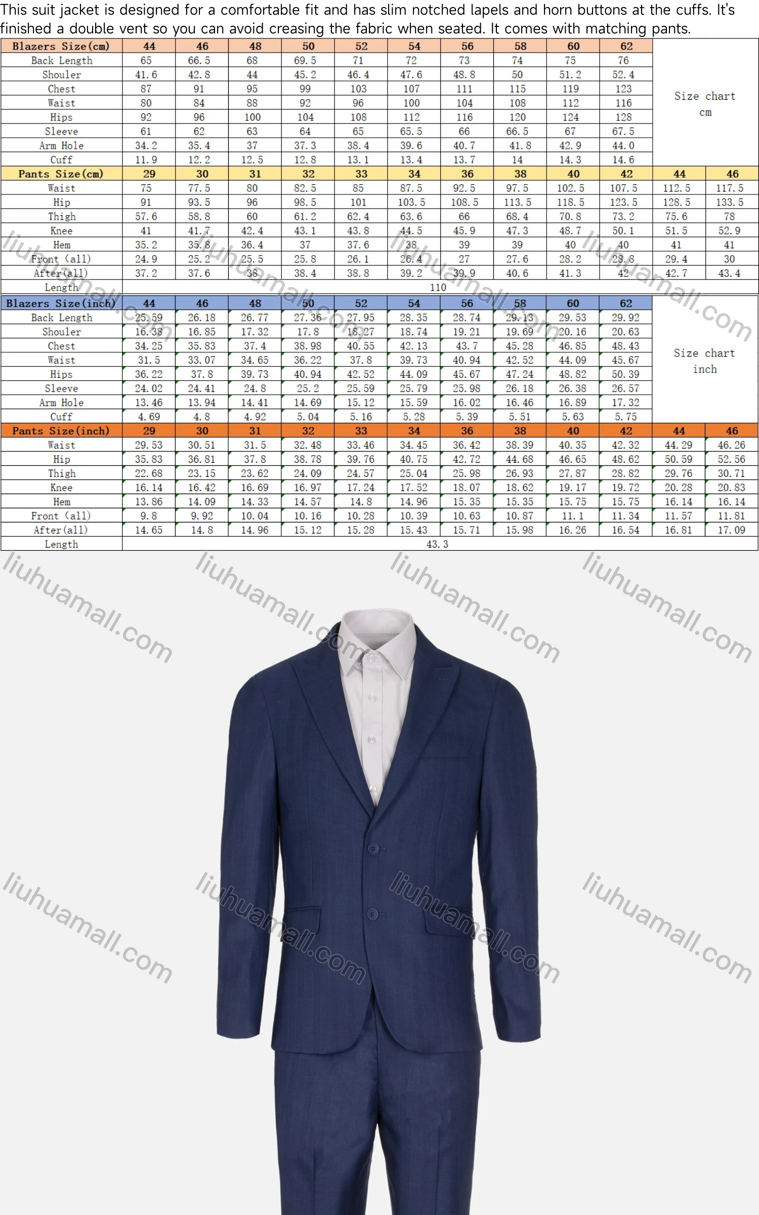 Wholesale Men's Formal Plain Single Breasted Pockets Lapel Slim Fit Blazer & Trousers 2 Piece Sets - Liuhuamall