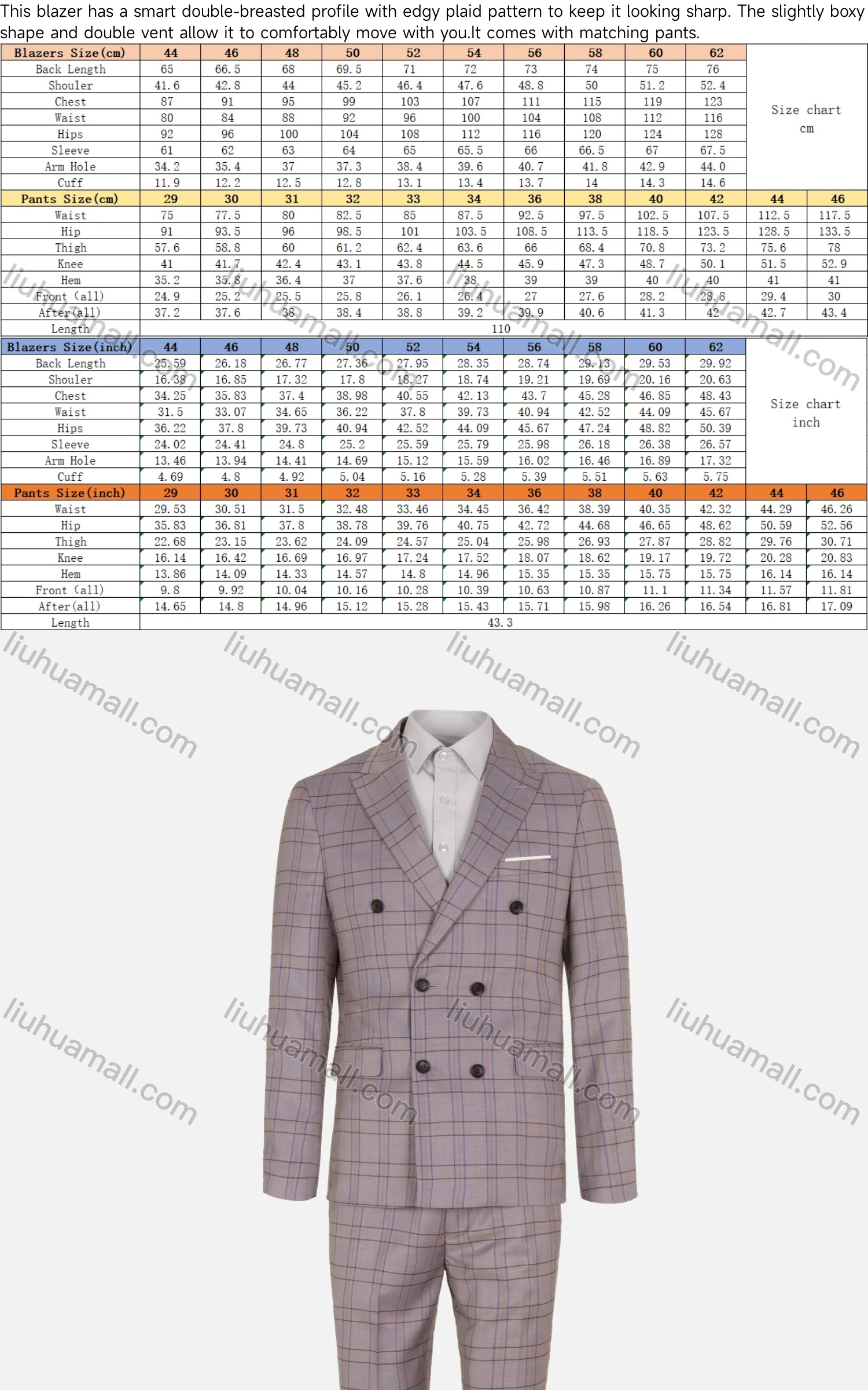 Wholesale Men's Formal Plaid Double Breasted Pockets Lapel Slim Fit Blazer & Trousers 2 Piece Sets - Liuhuamall