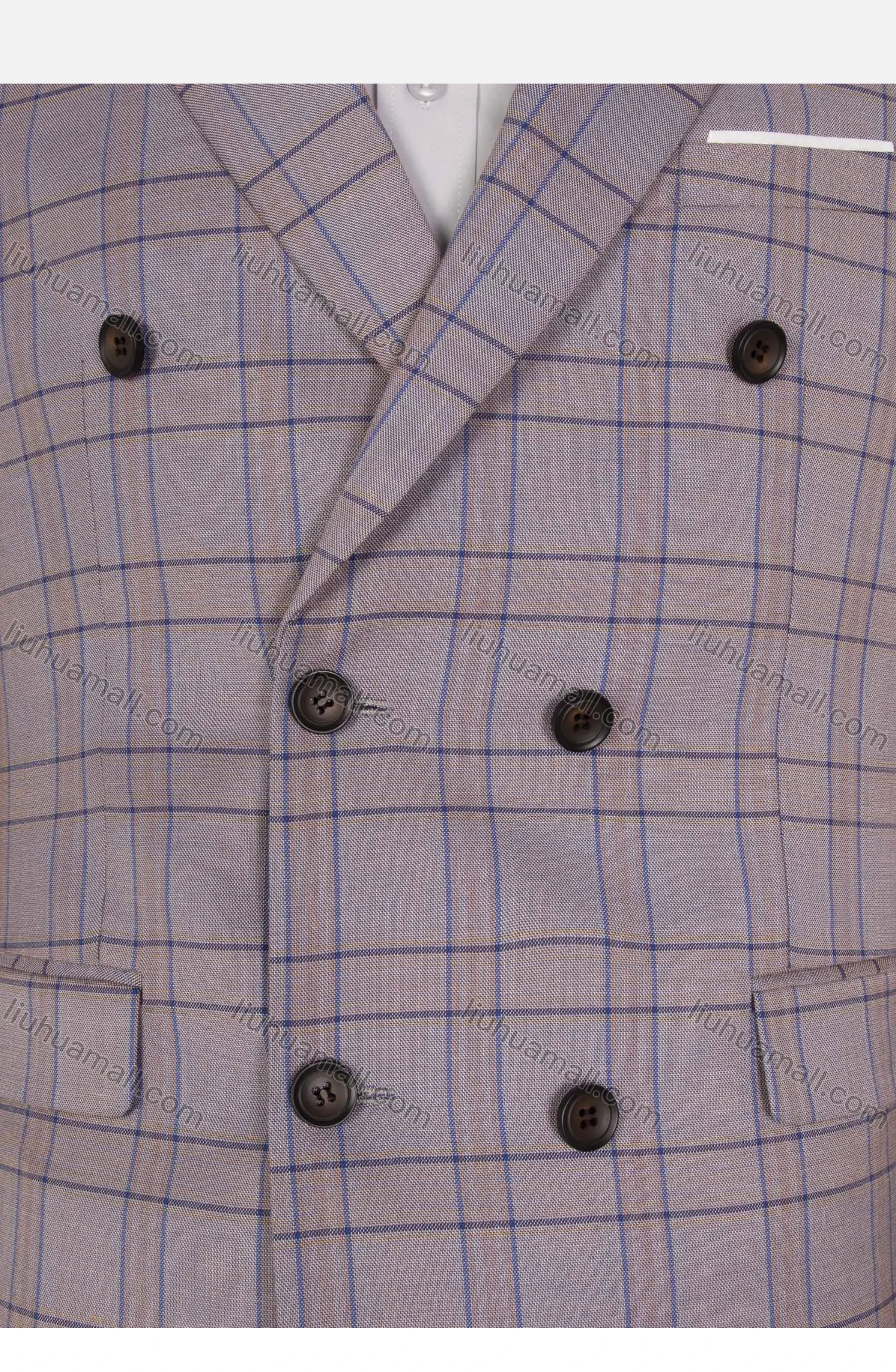 Wholesale Men's Formal Plaid Double Breasted Pockets Lapel Slim Fit Blazer & Trousers 2 Piece Sets - Liuhuamall