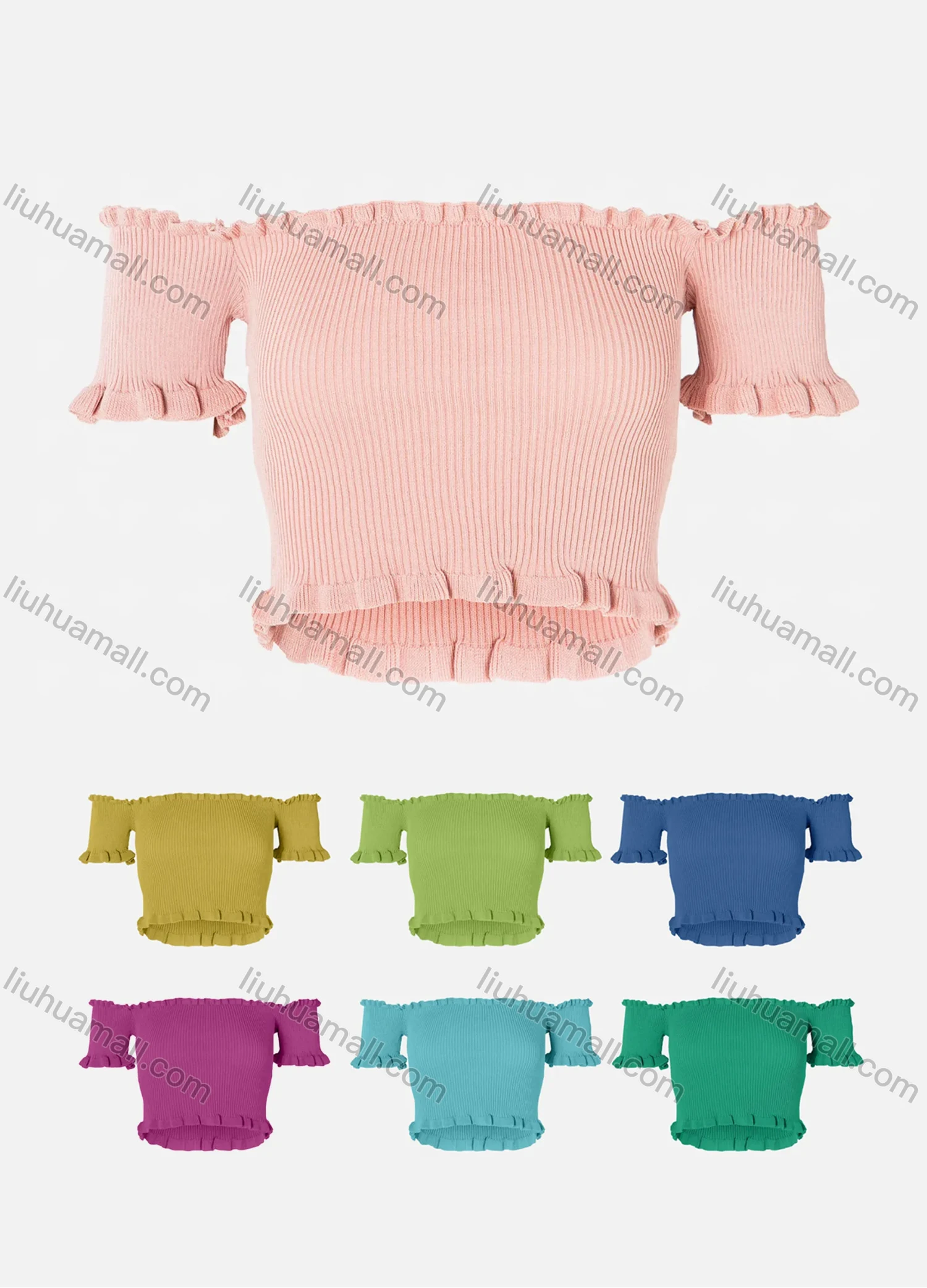 Wholesale Women's Off Shoulder Ruffle Trims Rib-Knit Crop Top - Liuhuamall