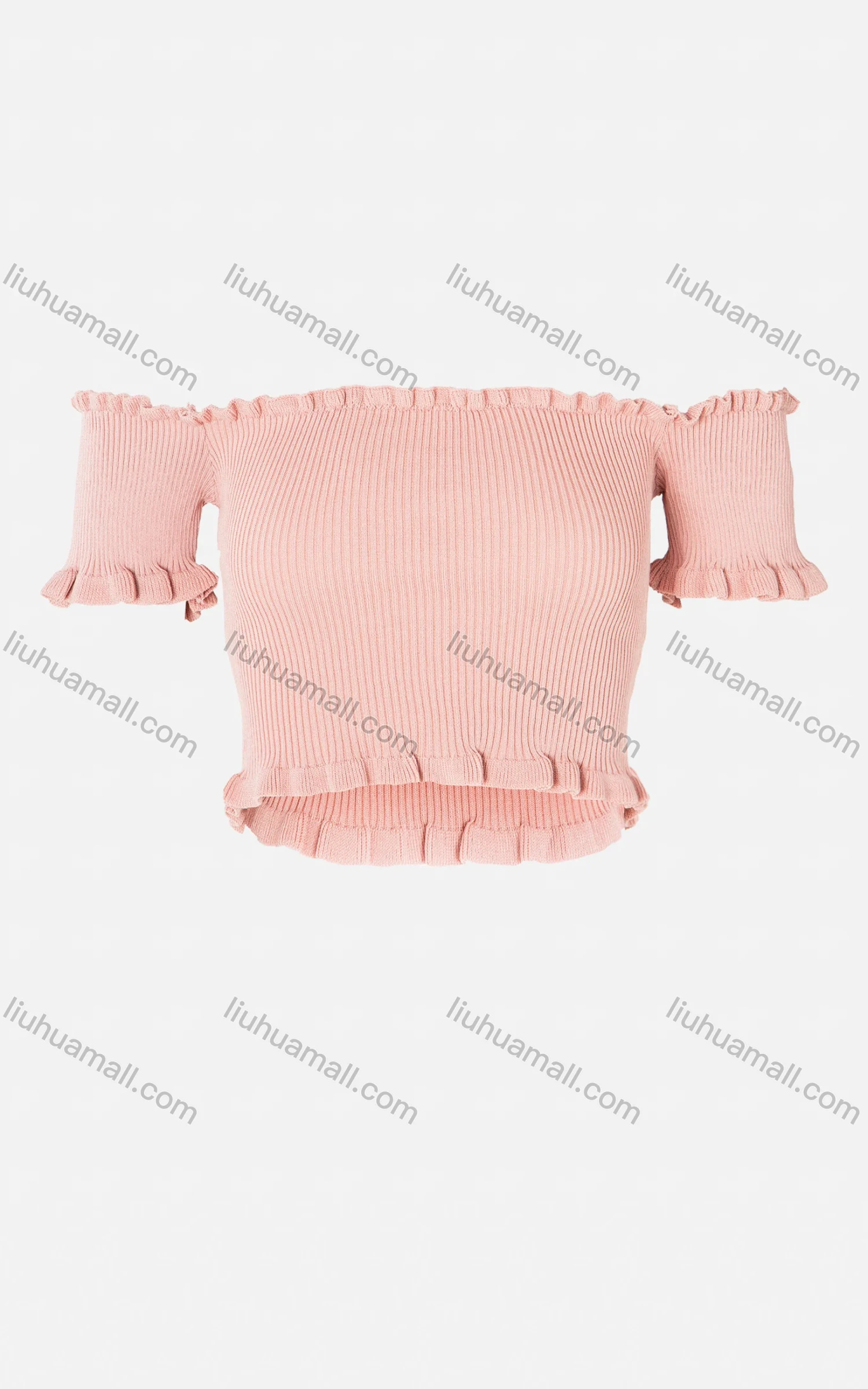 Wholesale Women's Off Shoulder Ruffle Trims Rib-Knit Crop Top - Liuhuamall