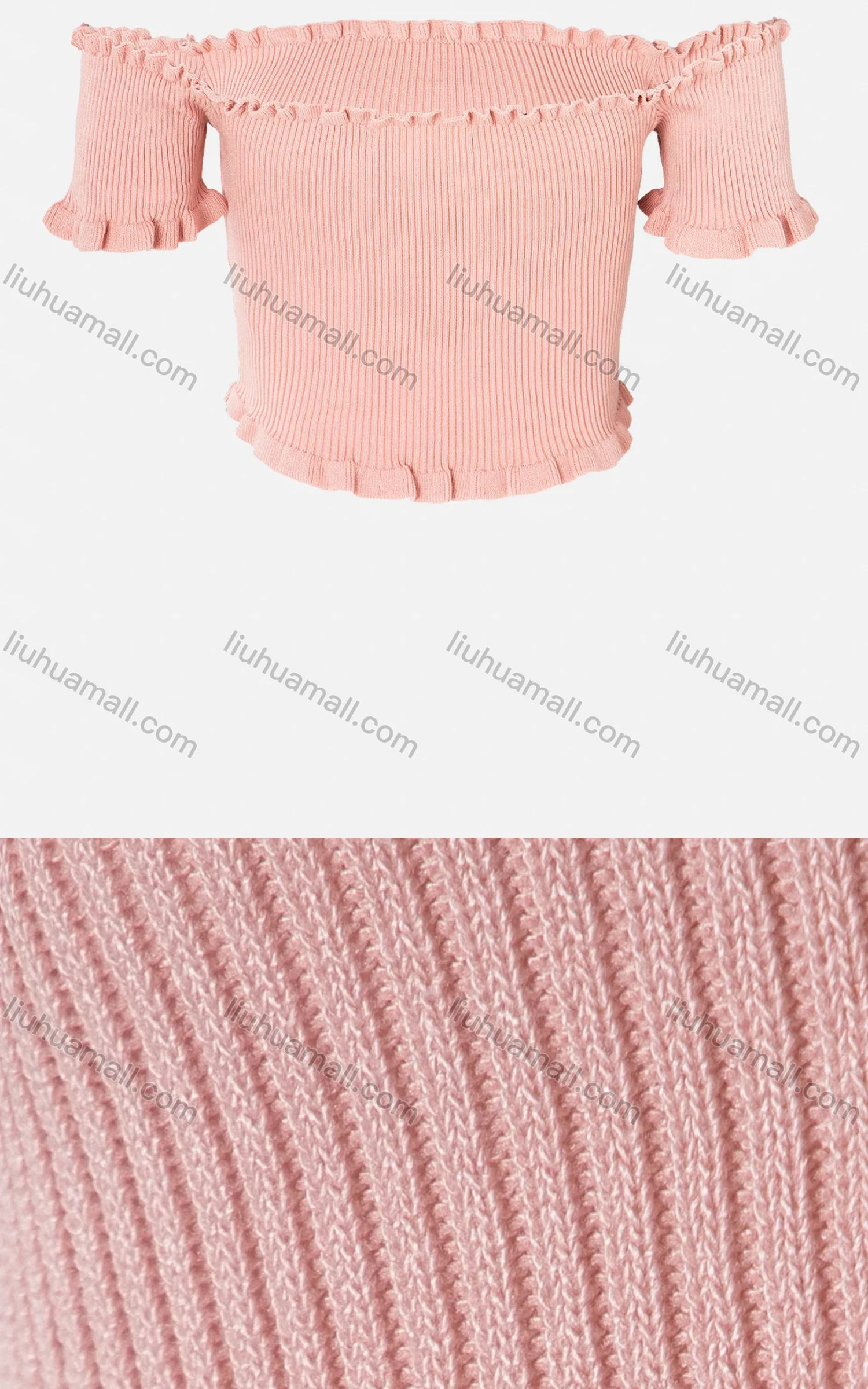 Wholesale Women's Off Shoulder Ruffle Trims Rib-Knit Crop Top - Liuhuamall