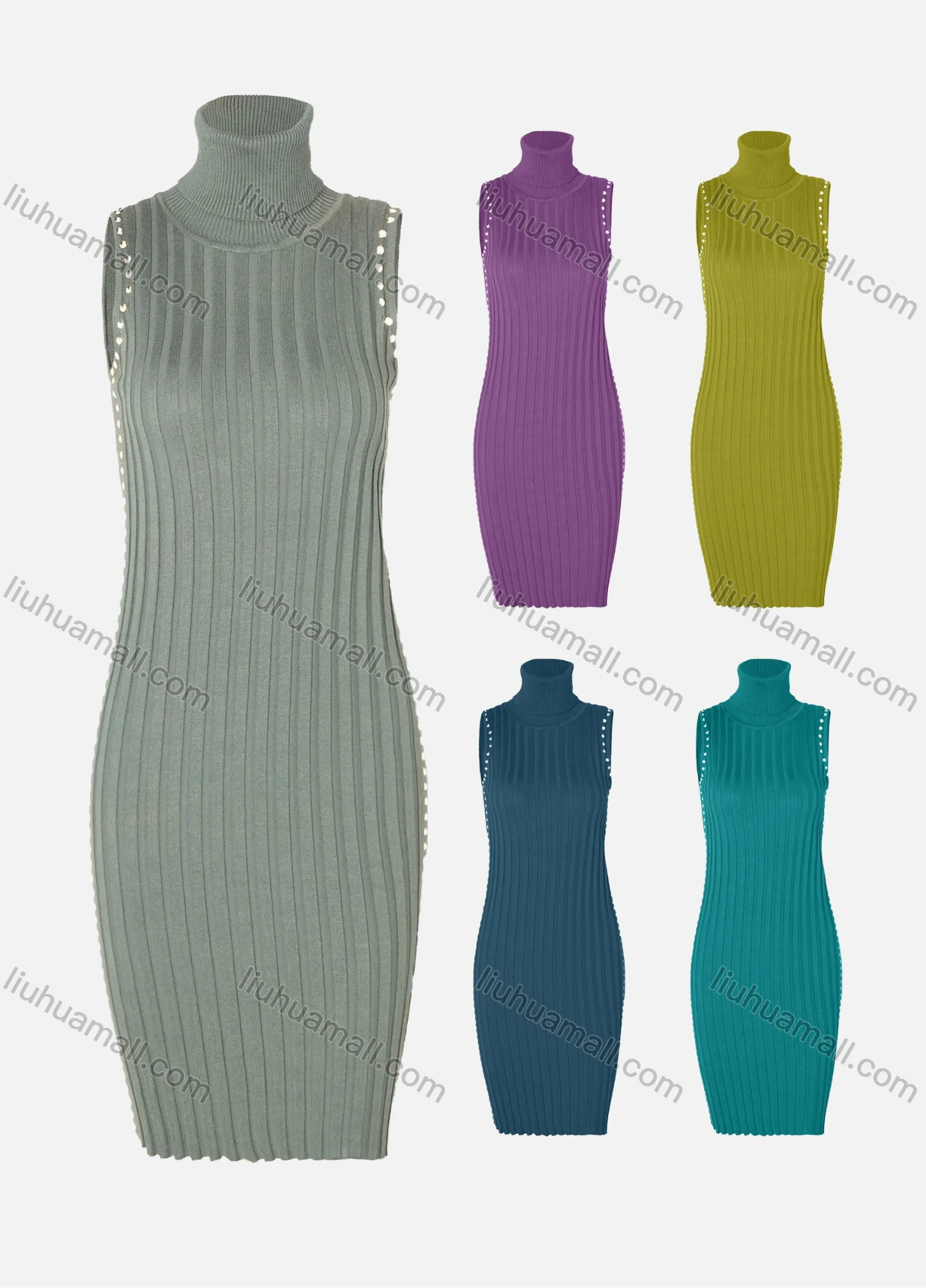 Wholesale Women's Elegant Turtleneck Sleeveless Rib-Knit Pencil Cocktail Dress - Liuhuamall