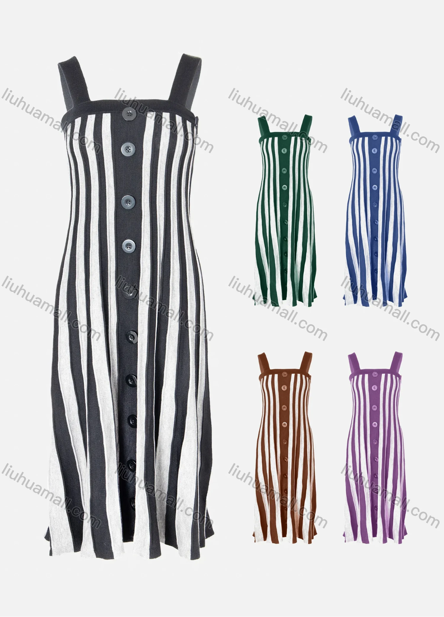 Wholesale Women's Zebra Striped Button Decor Rib-Knit Strap Cami Dress - Liuhuamall