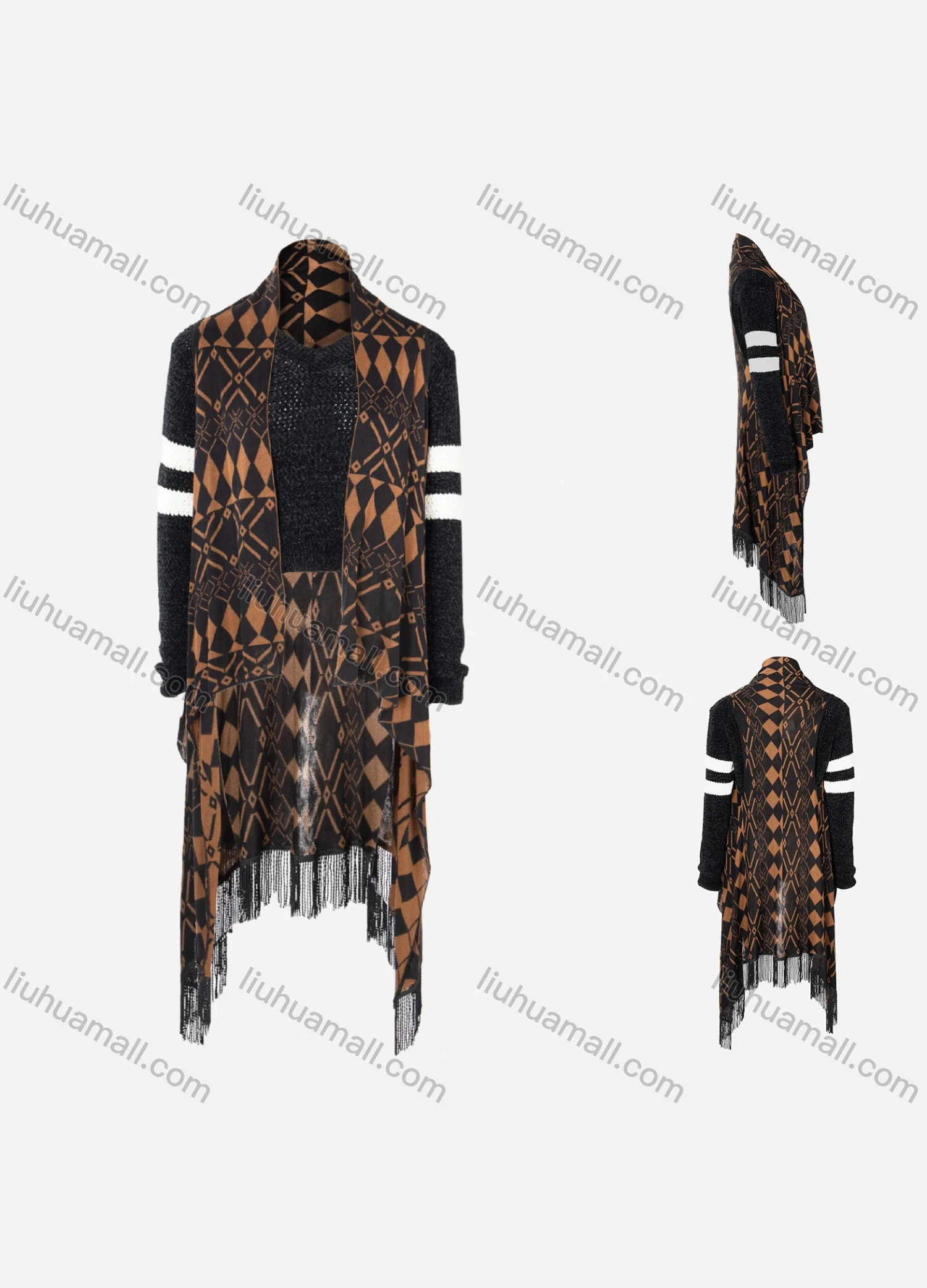 Wholesale Women's Geo Print Fringe Hem Asymmetrical Knit Cardigan - Liuhuamall