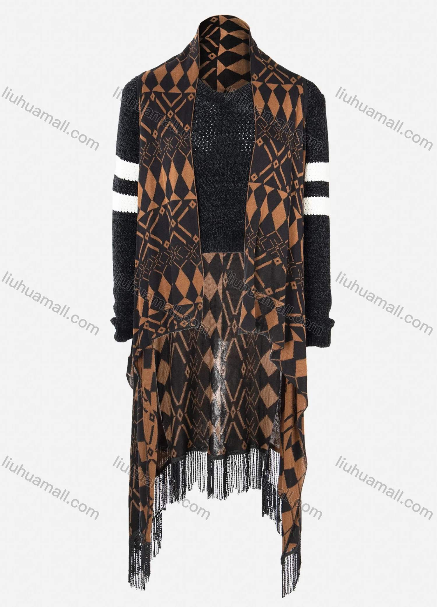 Wholesale Women's Geo Print Fringe Hem Asymmetrical Knit Cardigan - Liuhuamall