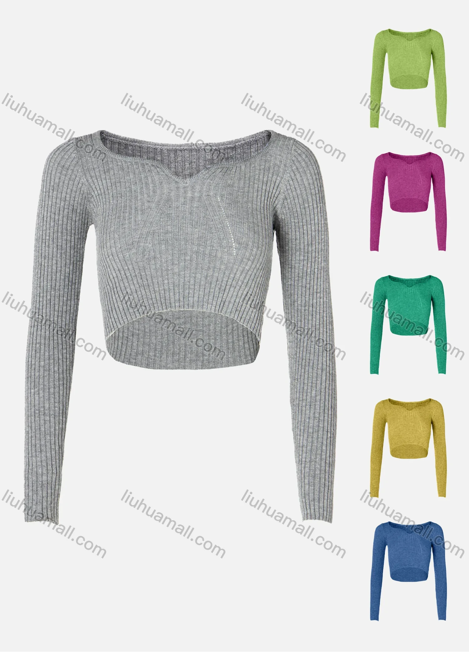 Wholesale Women's Sweetheart Neck Plain Long Sleeve Rib-Knit Crop Top - Liuhuamall