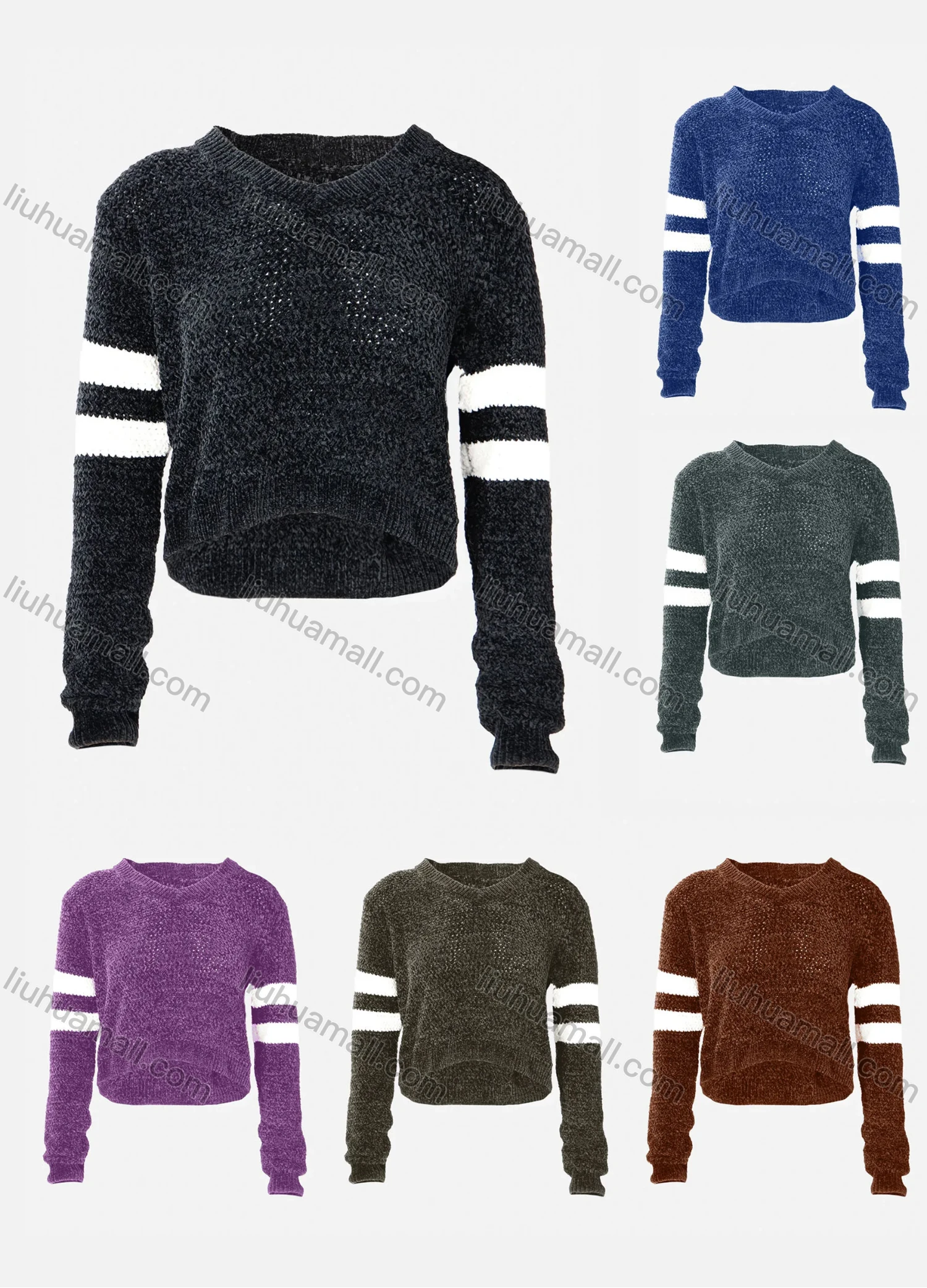 Wholesale Women's V-Neck Black-White Striped Rib-Knit Crop Sweater - Liuhuamall