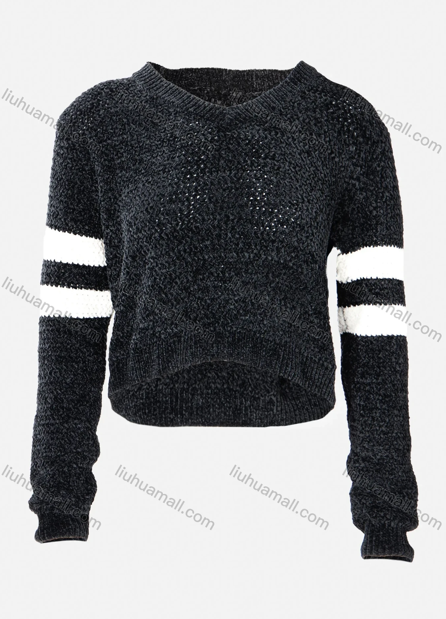 Wholesale Women's V-Neck Black-White Striped Rib-Knit Crop Sweater - Liuhuamall