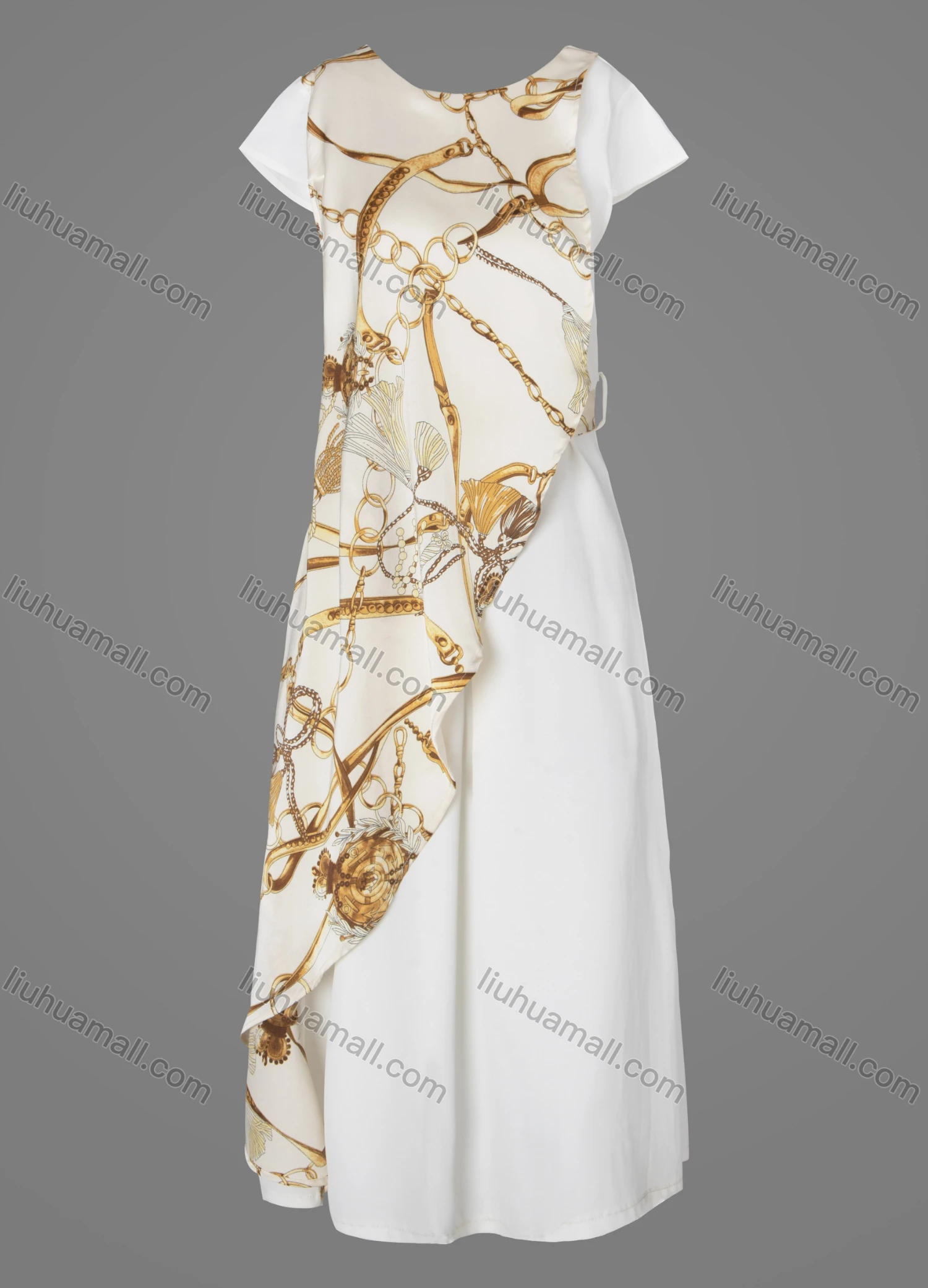 Wholesale Women's Casual Chain Print Splicing Round Neck Ruffle Trim Maxi Dress With Belt - Liuhuamall