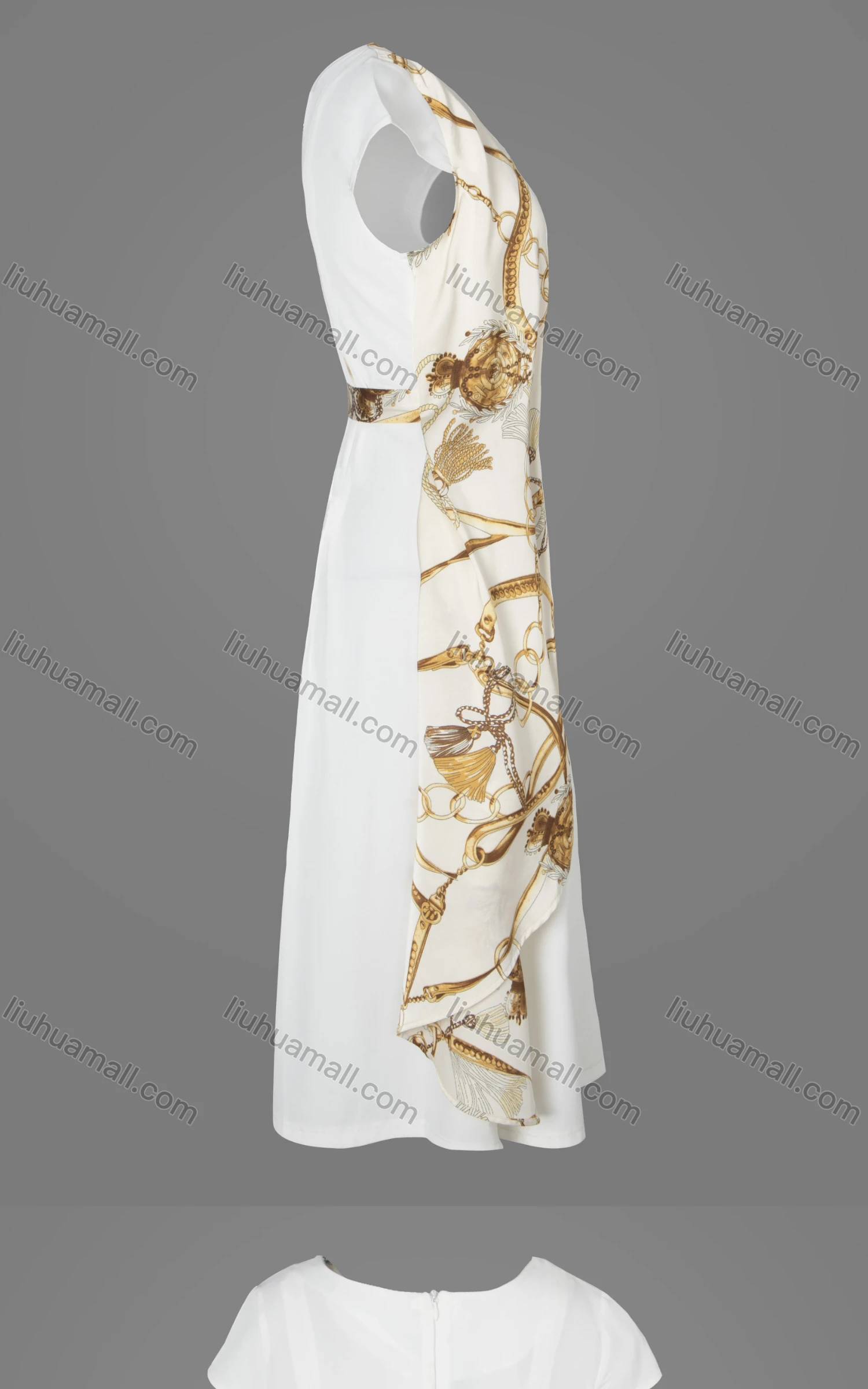 Wholesale Women's Casual Chain Print Splicing Round Neck Ruffle Trim Maxi Dress With Belt - Liuhuamall