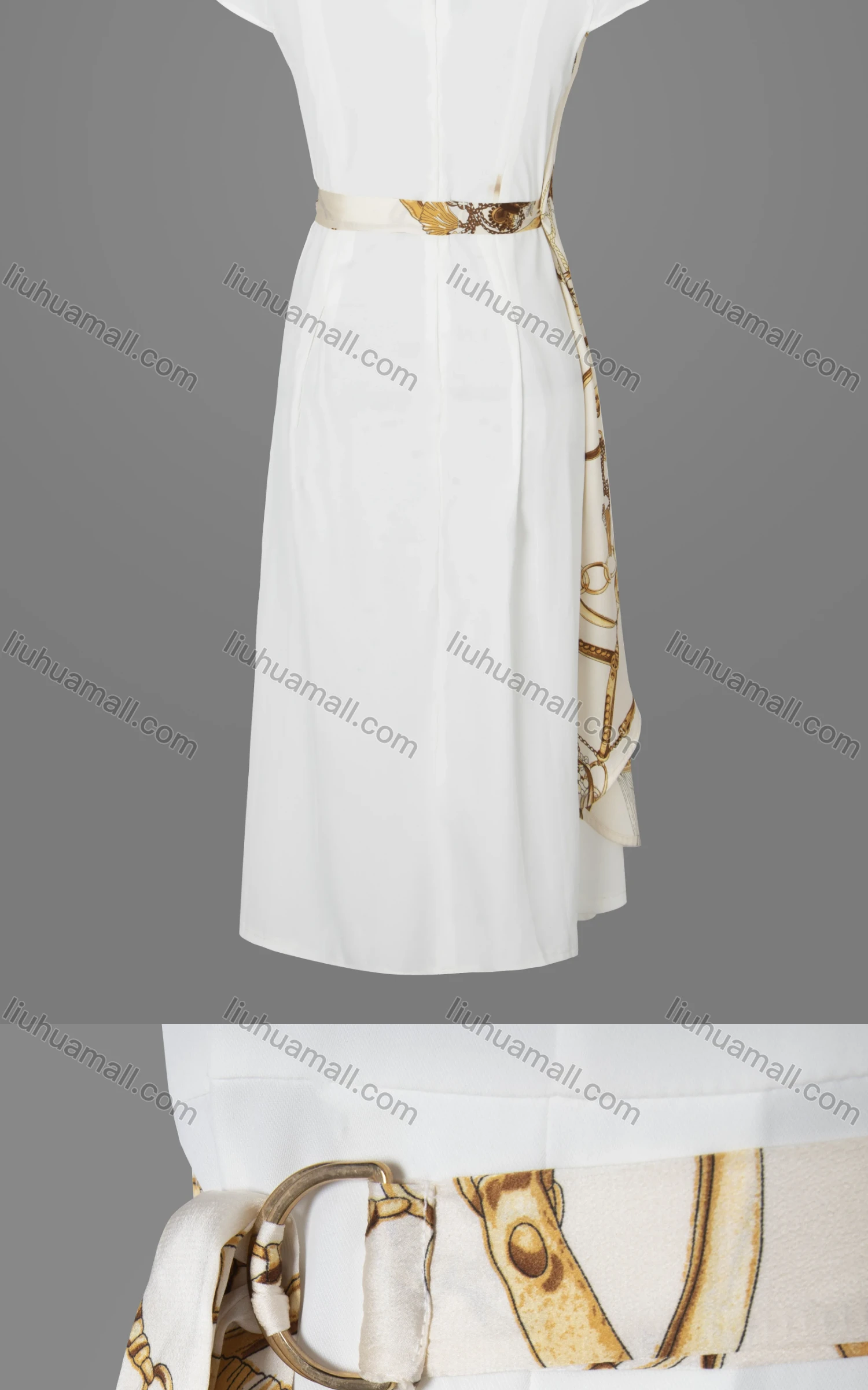 Wholesale Women's Casual Chain Print Splicing Round Neck Ruffle Trim Maxi Dress With Belt - Liuhuamall