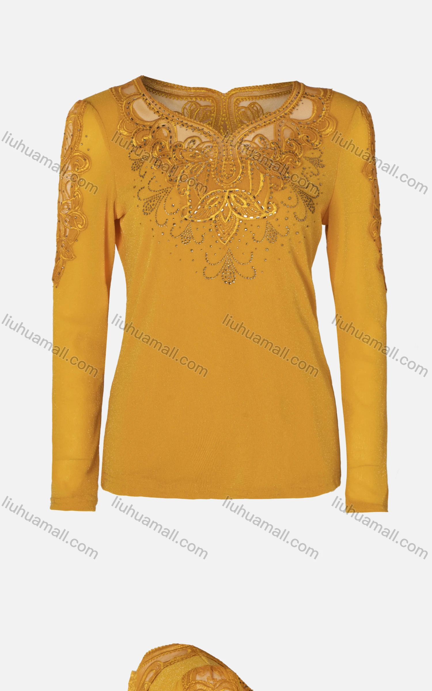 Wholesale Women's Casual Plain Rhinestone Long Sleeve Embroidered Mesh Sweetheart Neck Top - Liuhuamall