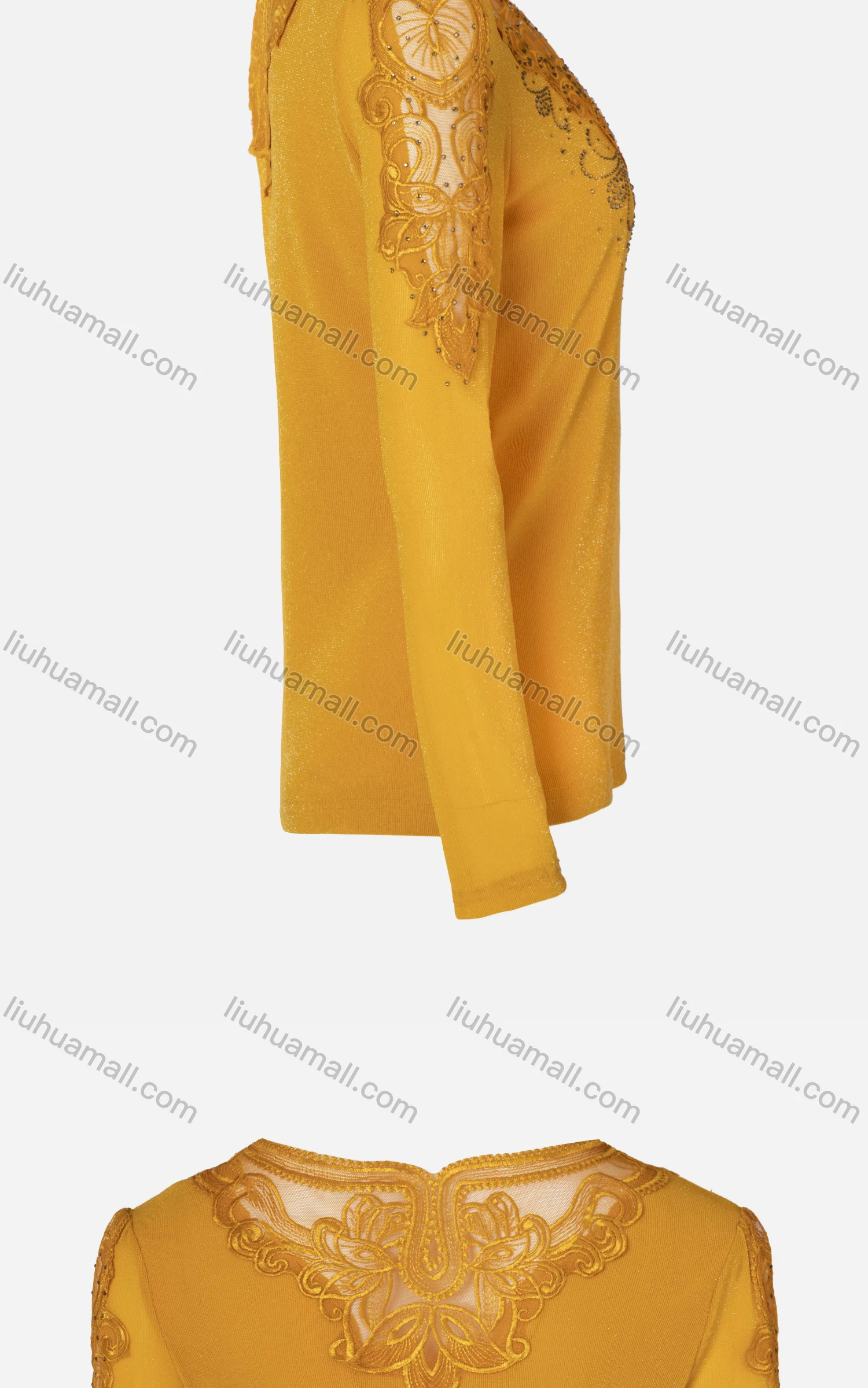 Wholesale Women's Casual Plain Rhinestone Long Sleeve Embroidered Mesh Sweetheart Neck Top - Liuhuamall