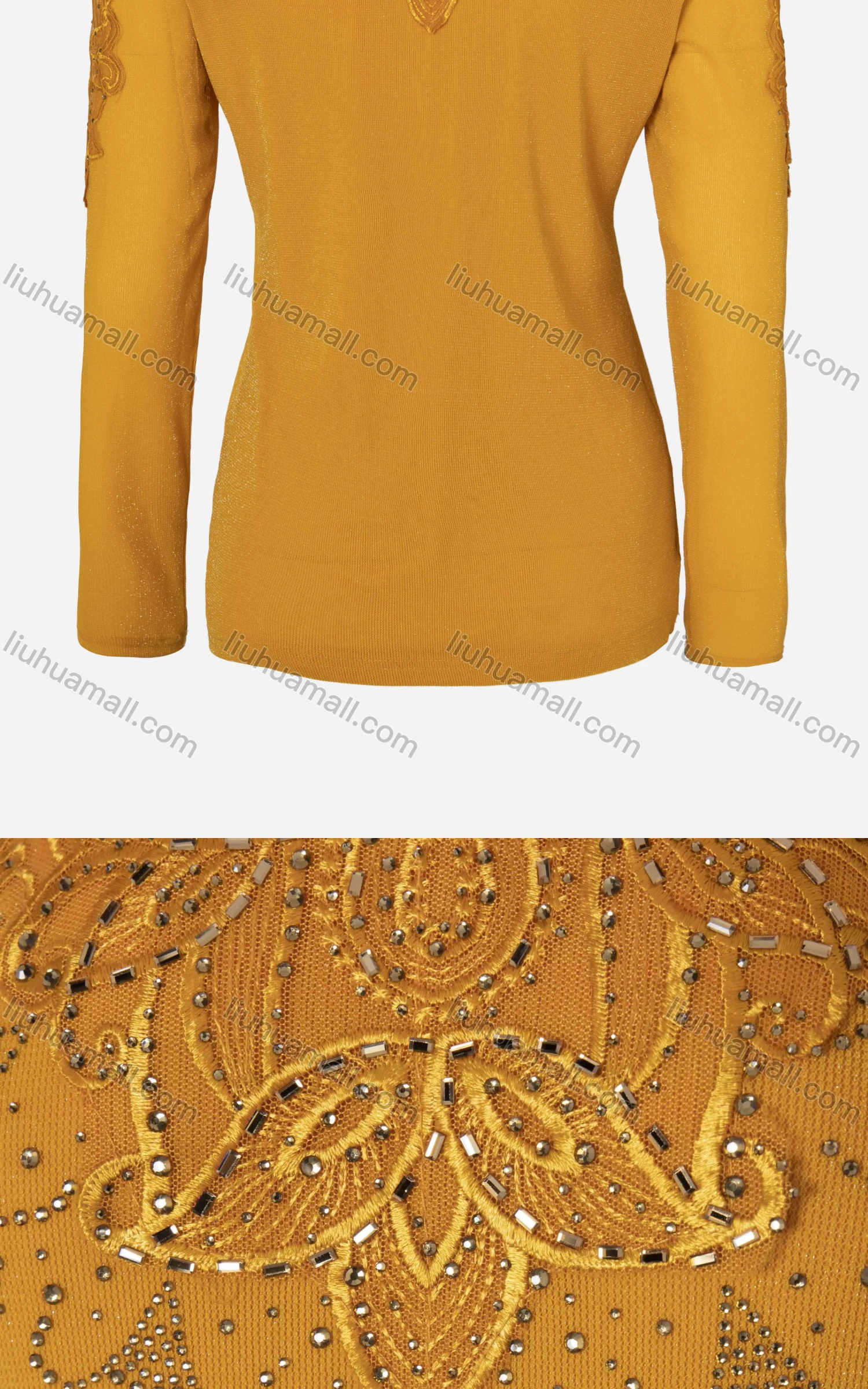 Wholesale Women's Casual Plain Rhinestone Long Sleeve Embroidered Mesh Sweetheart Neck Top - Liuhuamall