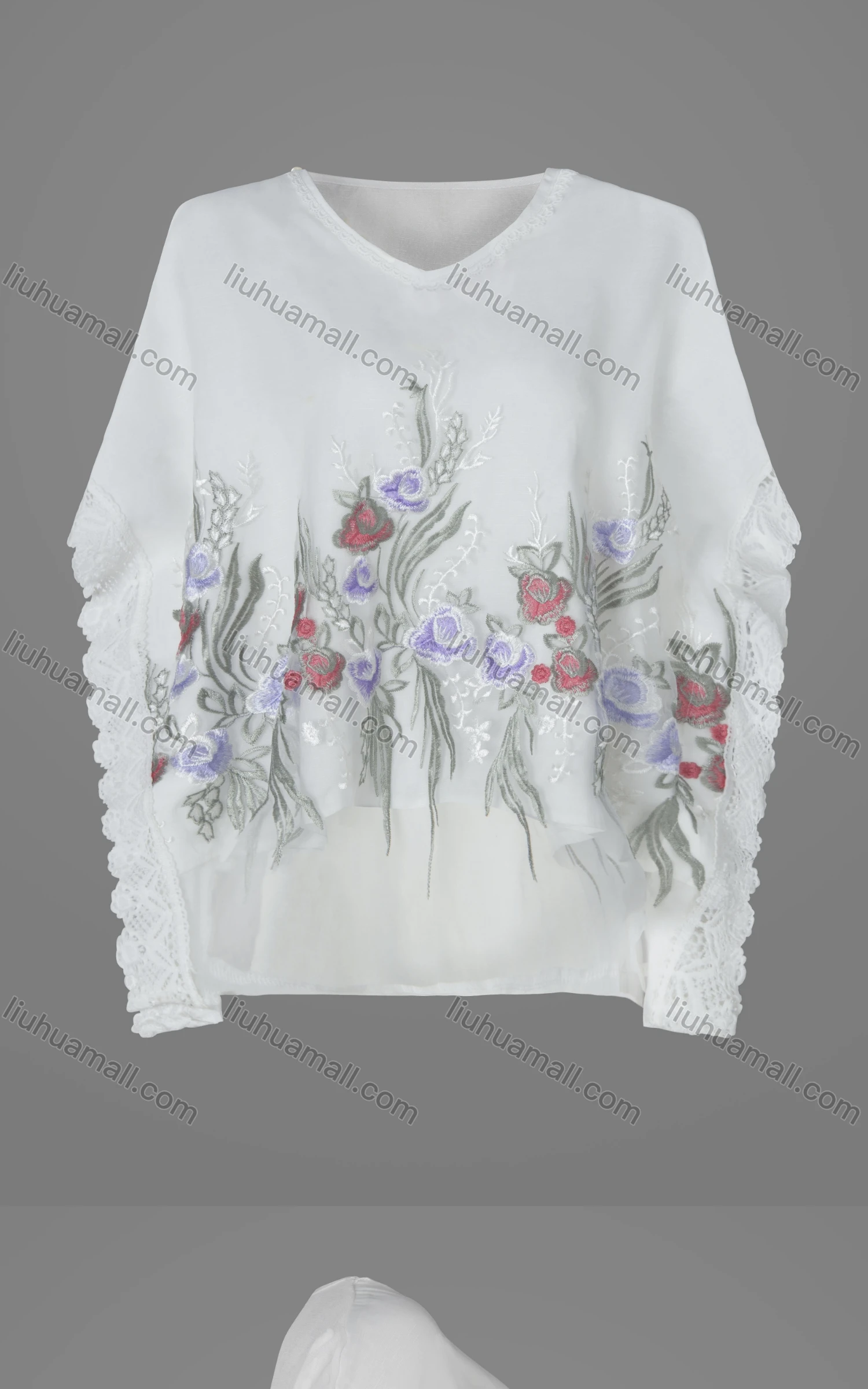 Wholesale Women's Casual Floral Print Embroidered V Neck Guipure Lace Batwing Sleeve Top - Liuhuamall