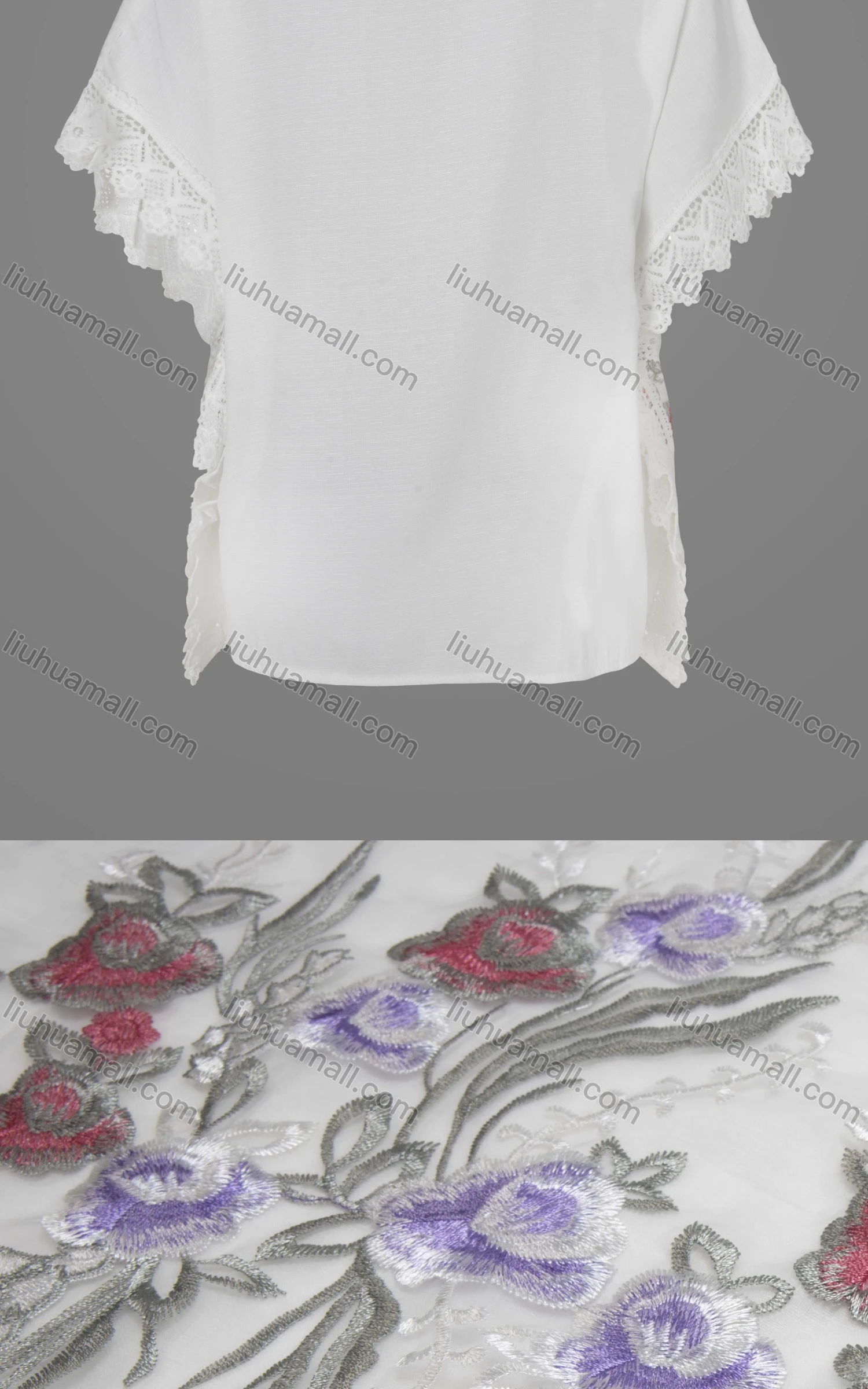 Wholesale Women's Casual Floral Print Embroidered V Neck Guipure Lace Batwing Sleeve Top - Liuhuamall