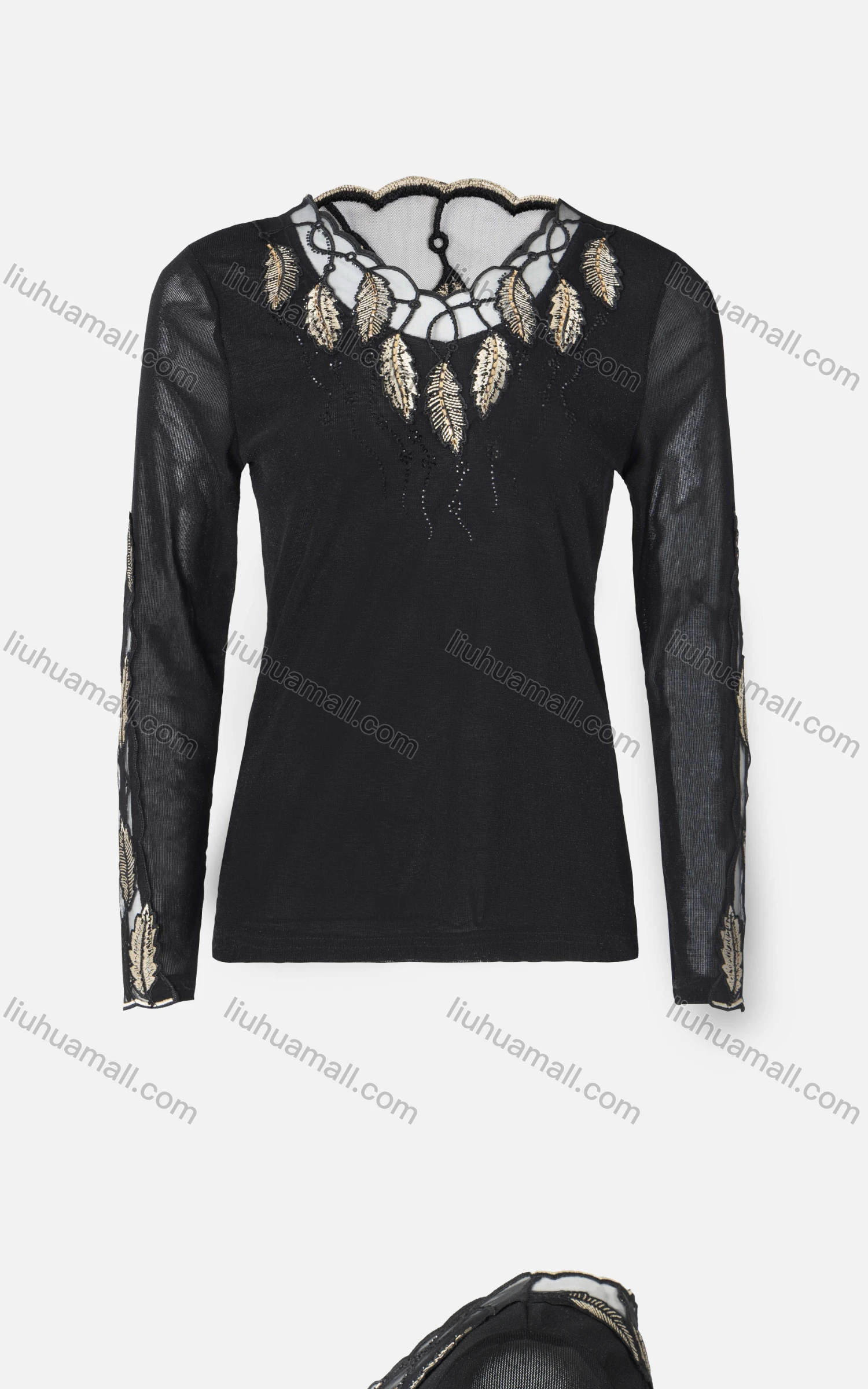 Wholesale Women's Casual Leaf Embroidery Rhinestone Sheer Mesh Long Sleeve Scallop Neck Top - Liuhuamall