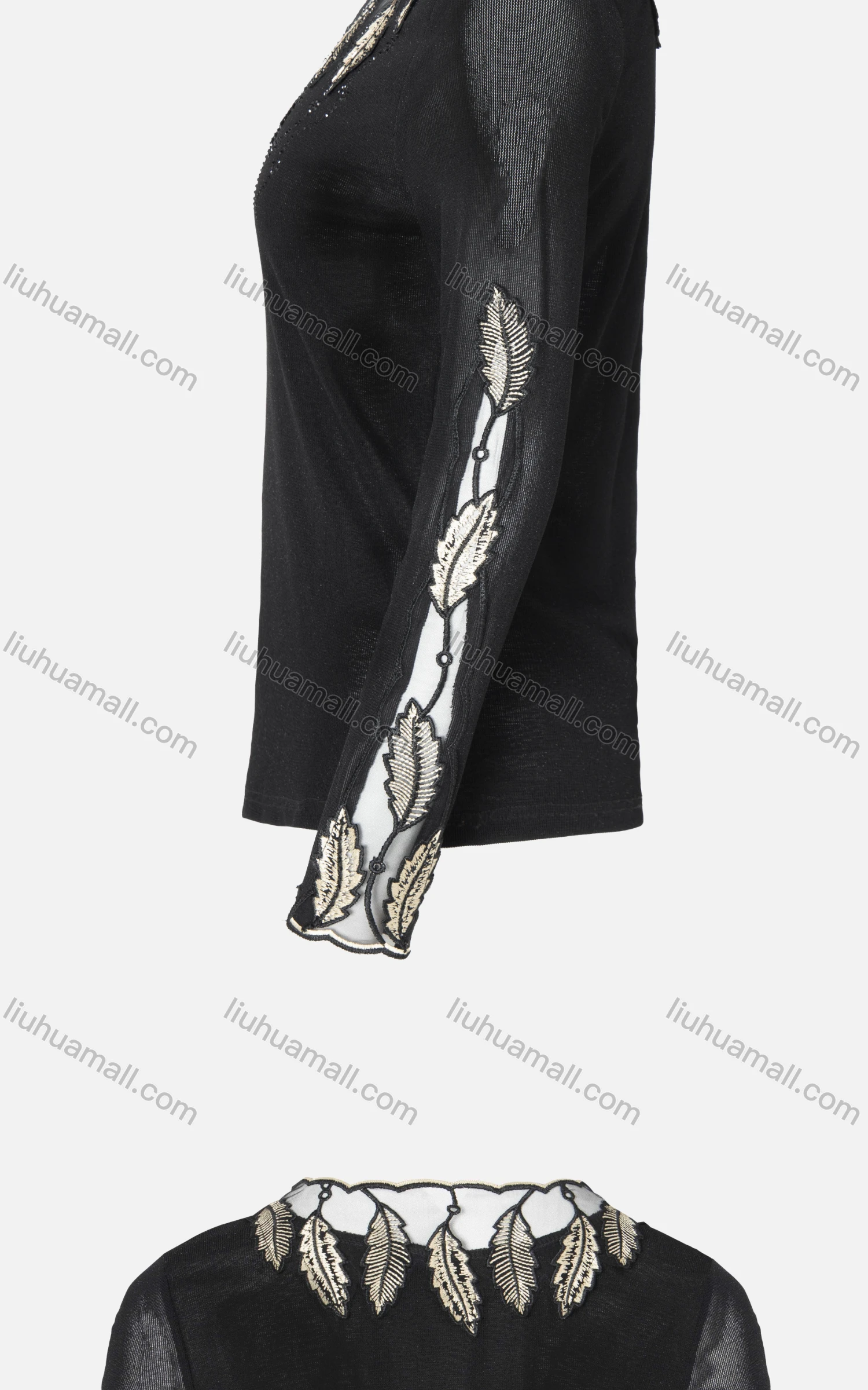Wholesale Women's Casual Leaf Embroidery Rhinestone Sheer Mesh Long Sleeve Scallop Neck Top - Liuhuamall