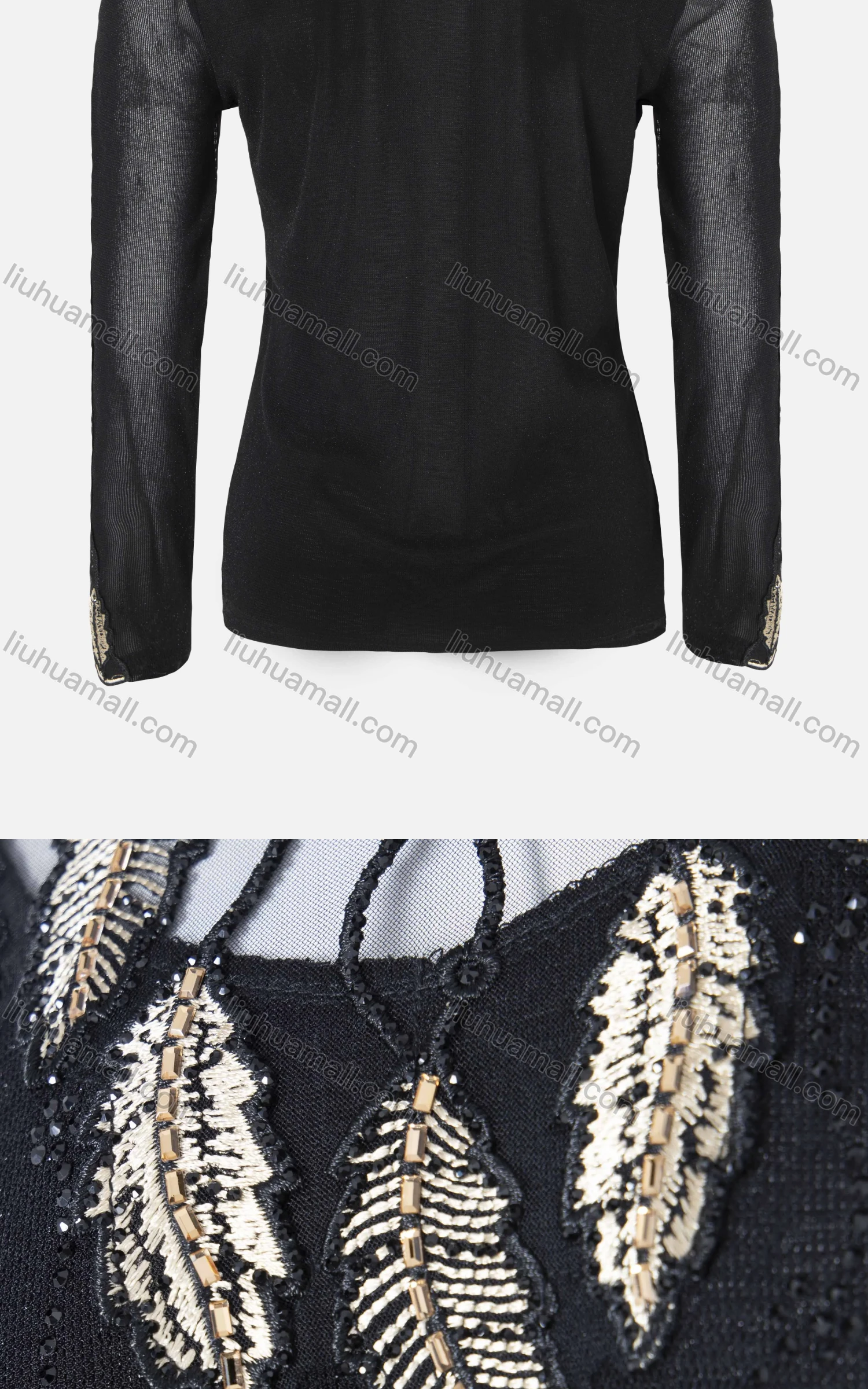 Wholesale Women's Casual Leaf Embroidery Rhinestone Sheer Mesh Long Sleeve Scallop Neck Top - Liuhuamall