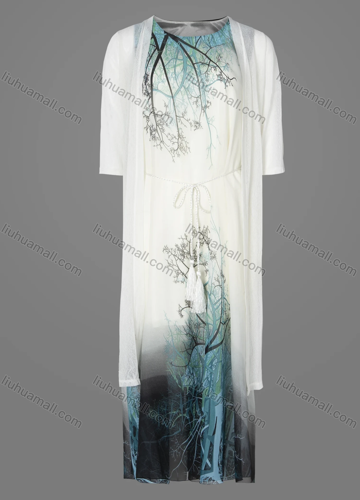 Wholesale Women's Slim Fit Plants Painting Crew Neck Half Sleeve Maxi Dress & Cardigan With Belt - Liuhuamall