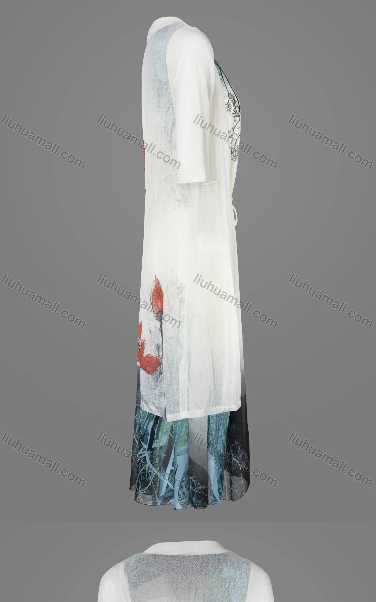 Wholesale Women's Slim Fit Plants Painting Crew Neck Half Sleeve Maxi Dress & Cardigan With Belt - Liuhuamall