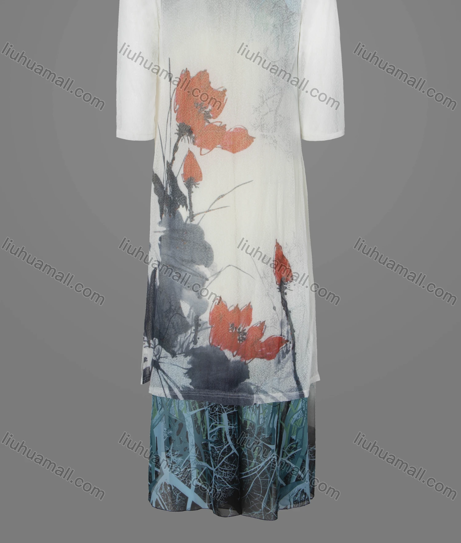 Wholesale Women's Slim Fit Plants Painting Crew Neck Half Sleeve Maxi Dress & Cardigan With Belt - Liuhuamall