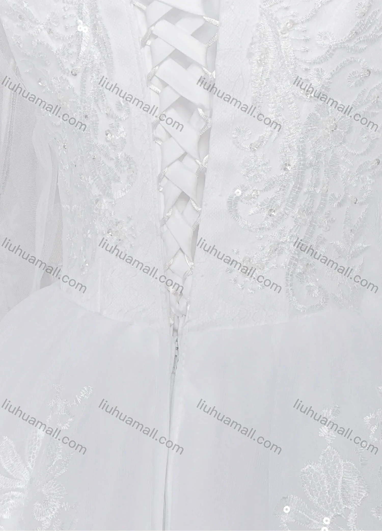 Wholesale Women's Glamorous Appliques Embroidery Sheer Mesh Bateau Neck Beaded Corset Bodice Classic Tulle Wedding Dress - Liuhuamall