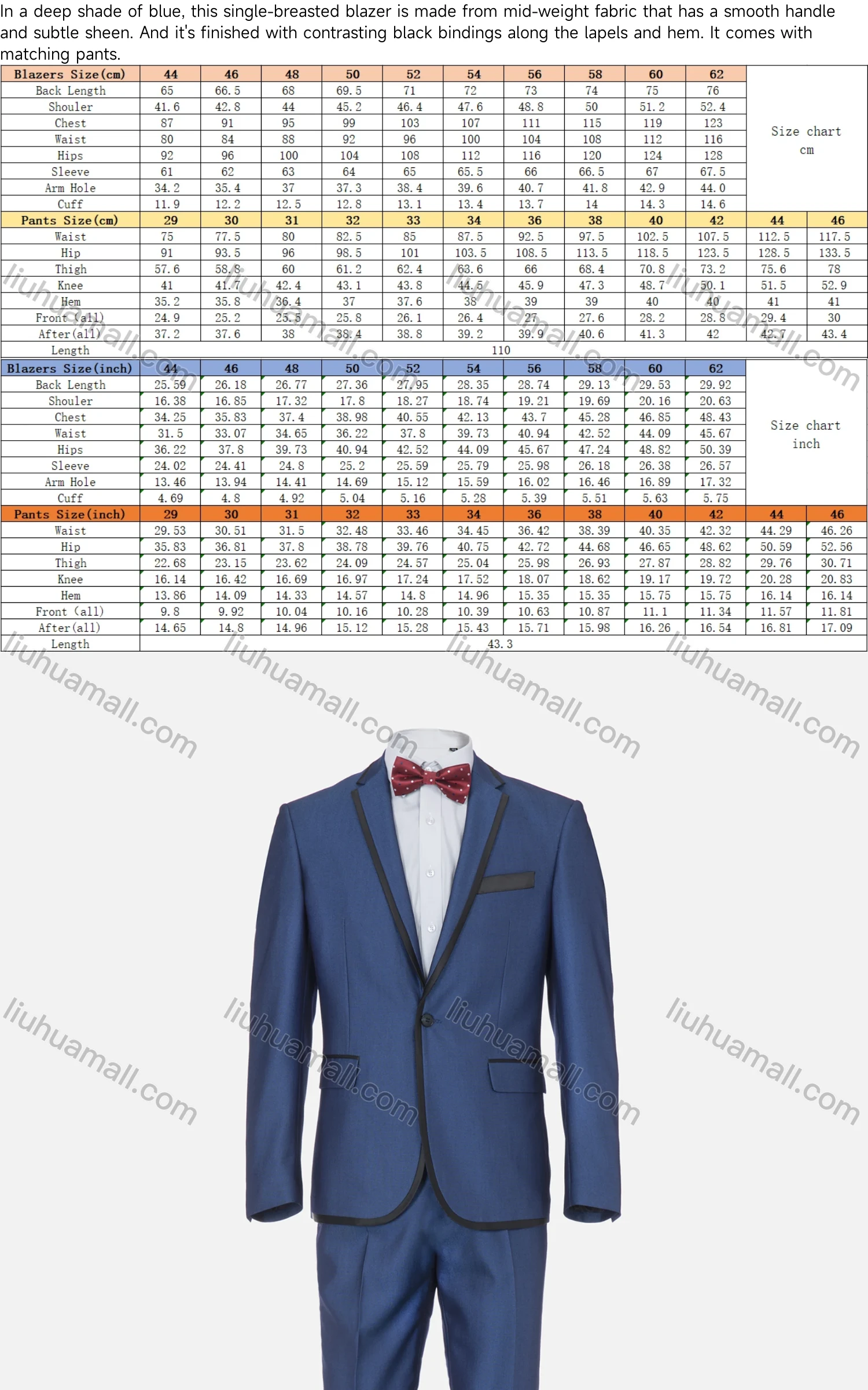 Wholesale Men's Fashion Plain Lapel One Button Pockets Black Trims Slim Fit Blazer & Trousers 2 Piece Sets - Liuhuamall