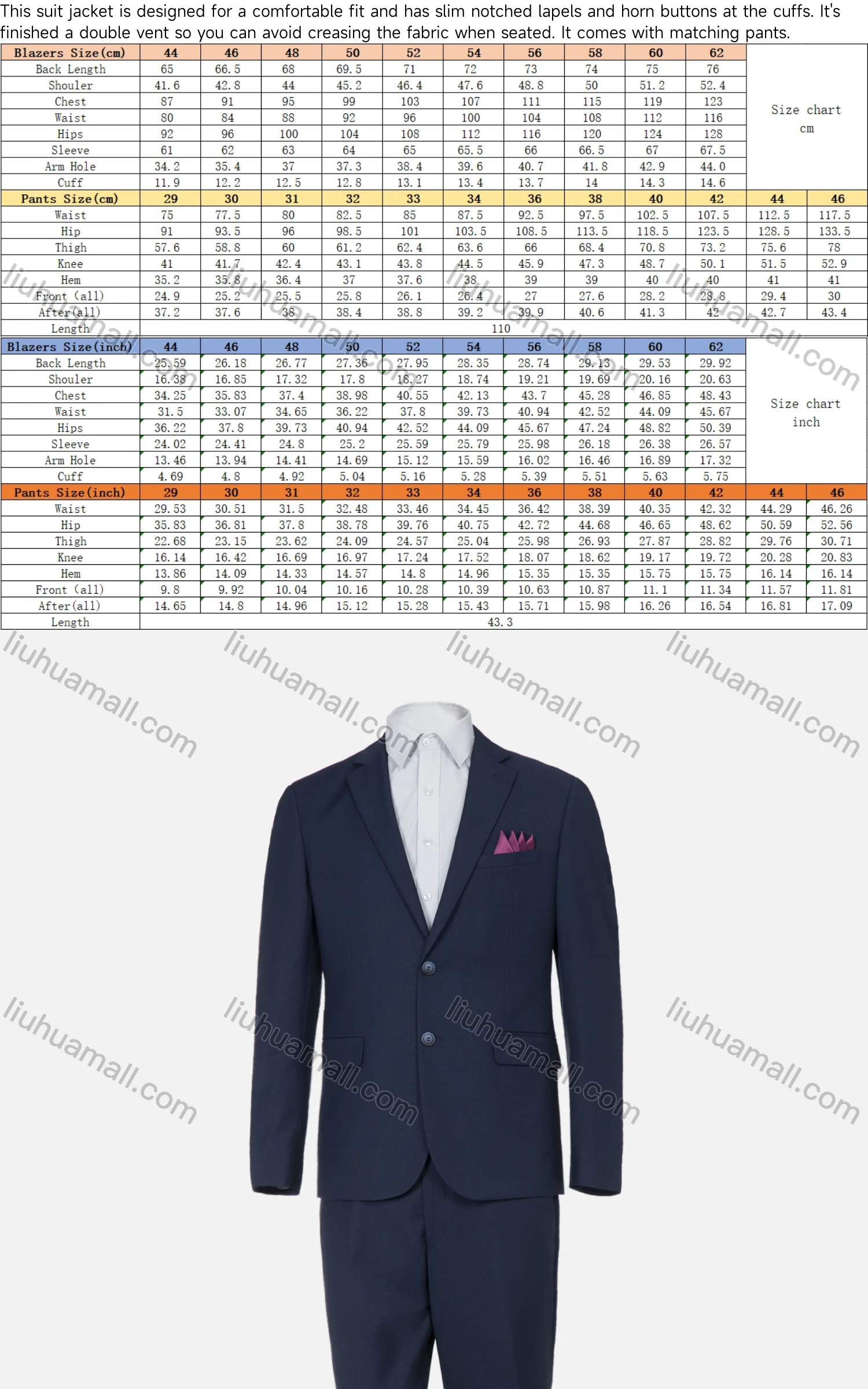 Wholesale Men's Formal Plain Single Breasted Pockets Lapel Slim Fit Blazer & Trousers 2 Piece Sets - Liuhuamall