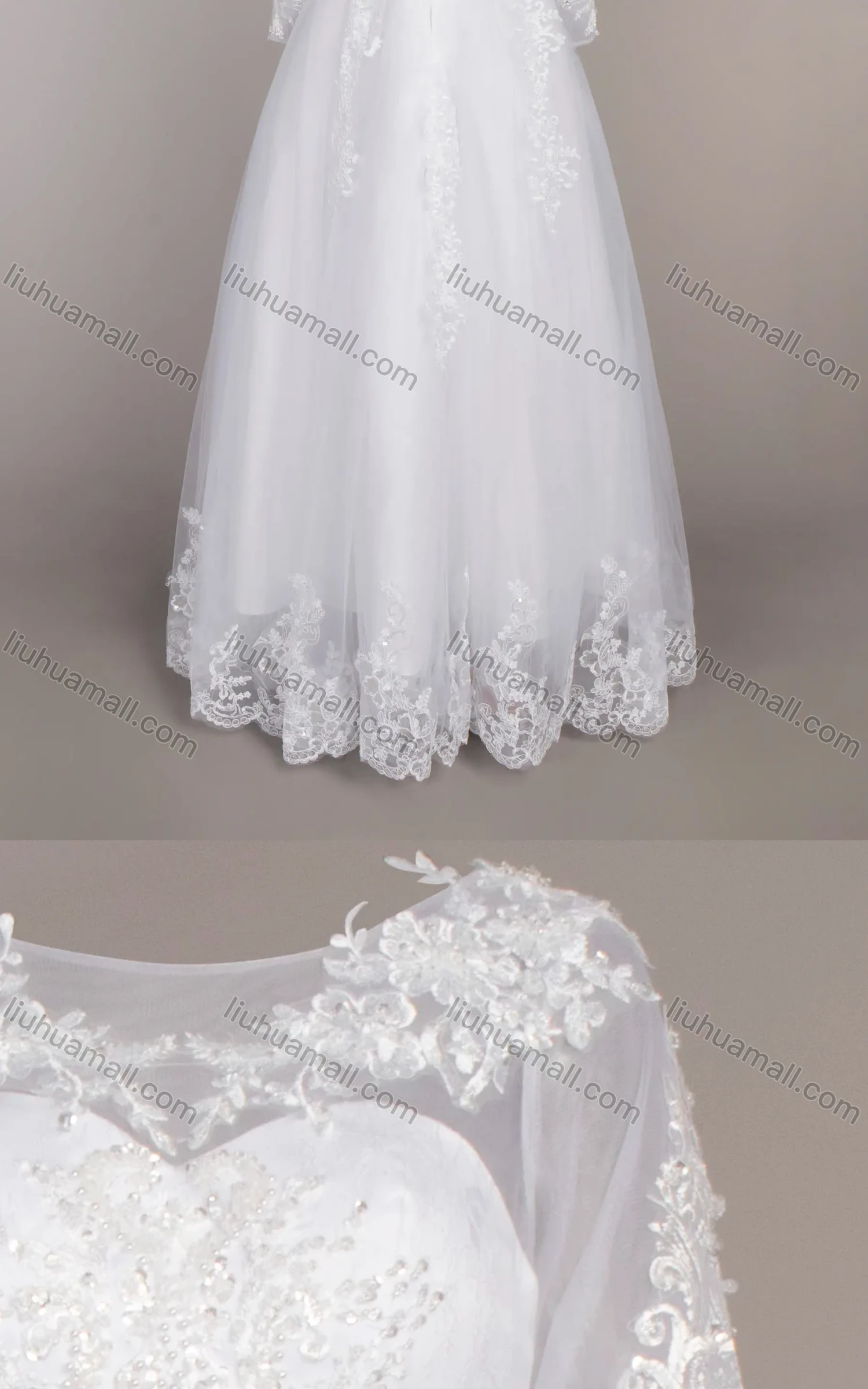 Wholesale Women's Glamorous Bateau Neck Embroidery Appliques Pearl Corset Bodice Classic Tulle Wedding Dress - Liuhuamall