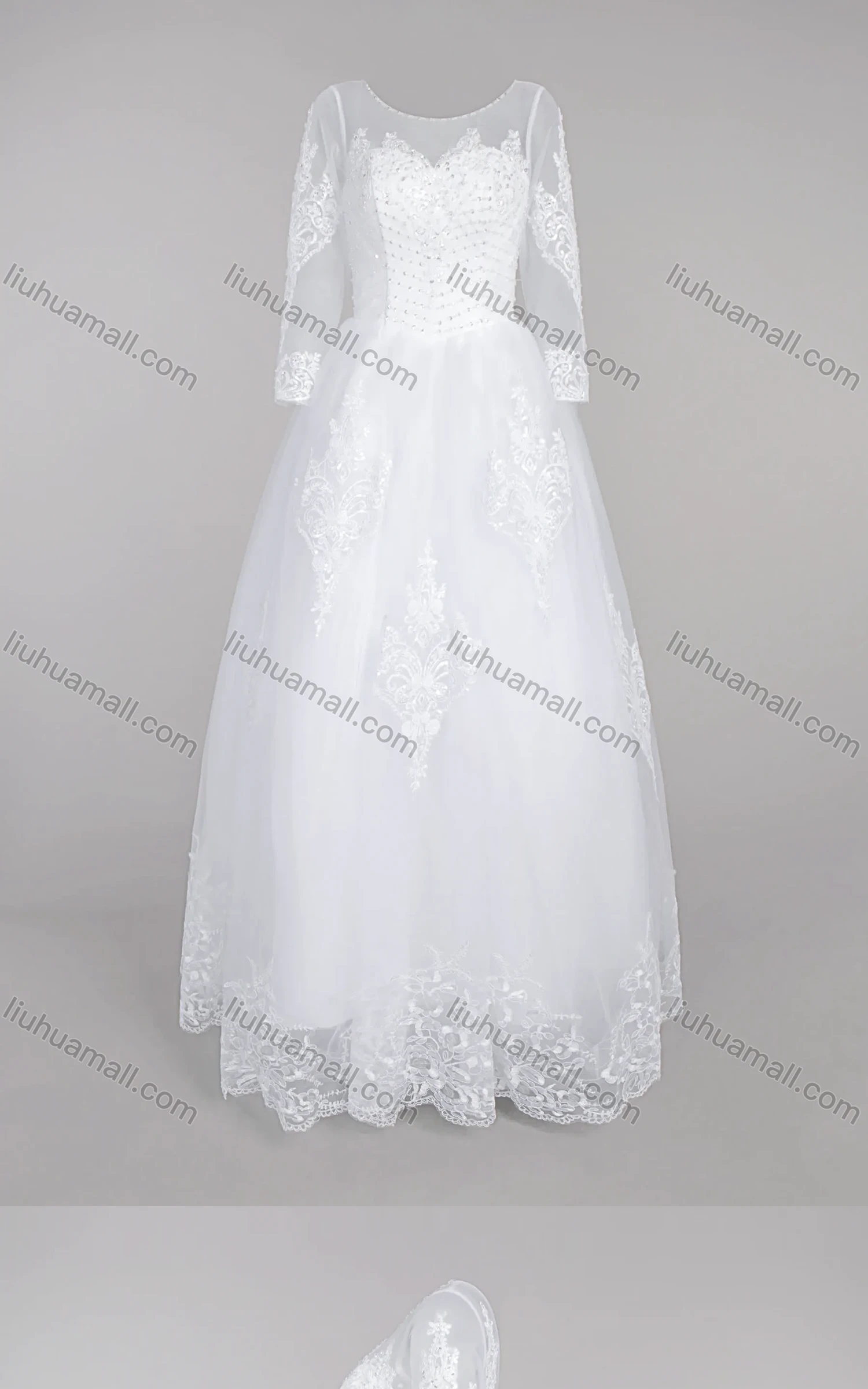 Wholesale Women's Glamorous Embroidery Pearl Decor Round Neck Beaded Corset Bodice Classic Tulle Wedding Dress - Liuhuamall