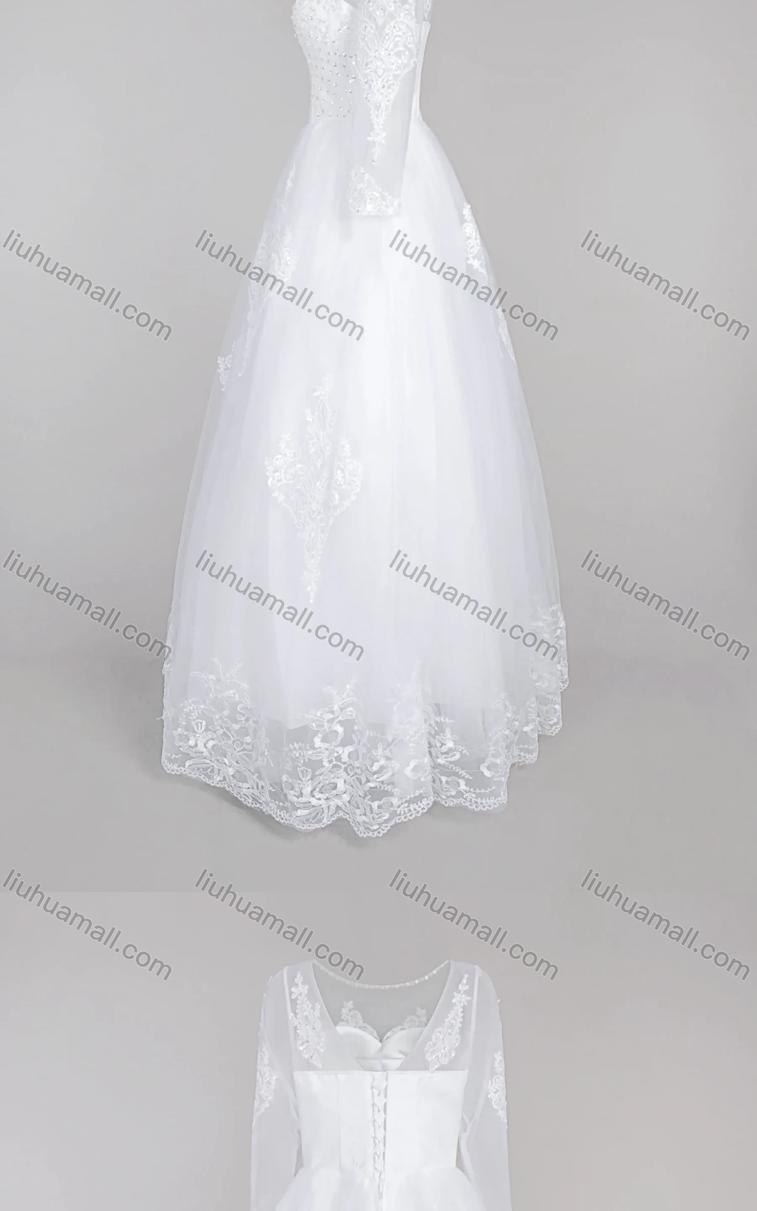 Wholesale Women's Glamorous Embroidery Pearl Decor Round Neck Beaded Corset Bodice Classic Tulle Wedding Dress - Liuhuamall