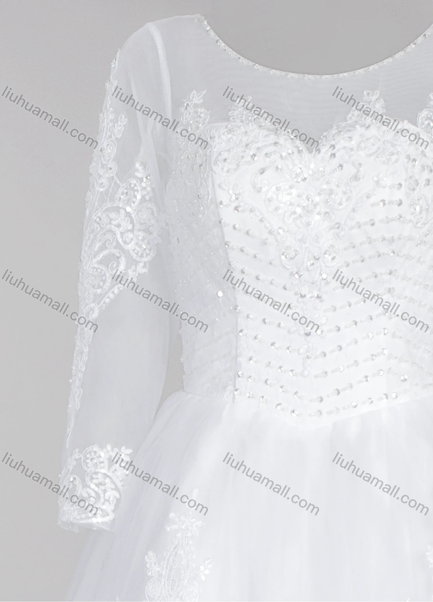 Wholesale Women's Glamorous Embroidery Pearl Decor Round Neck Beaded Corset Bodice Classic Tulle Wedding Dress - Liuhuamall