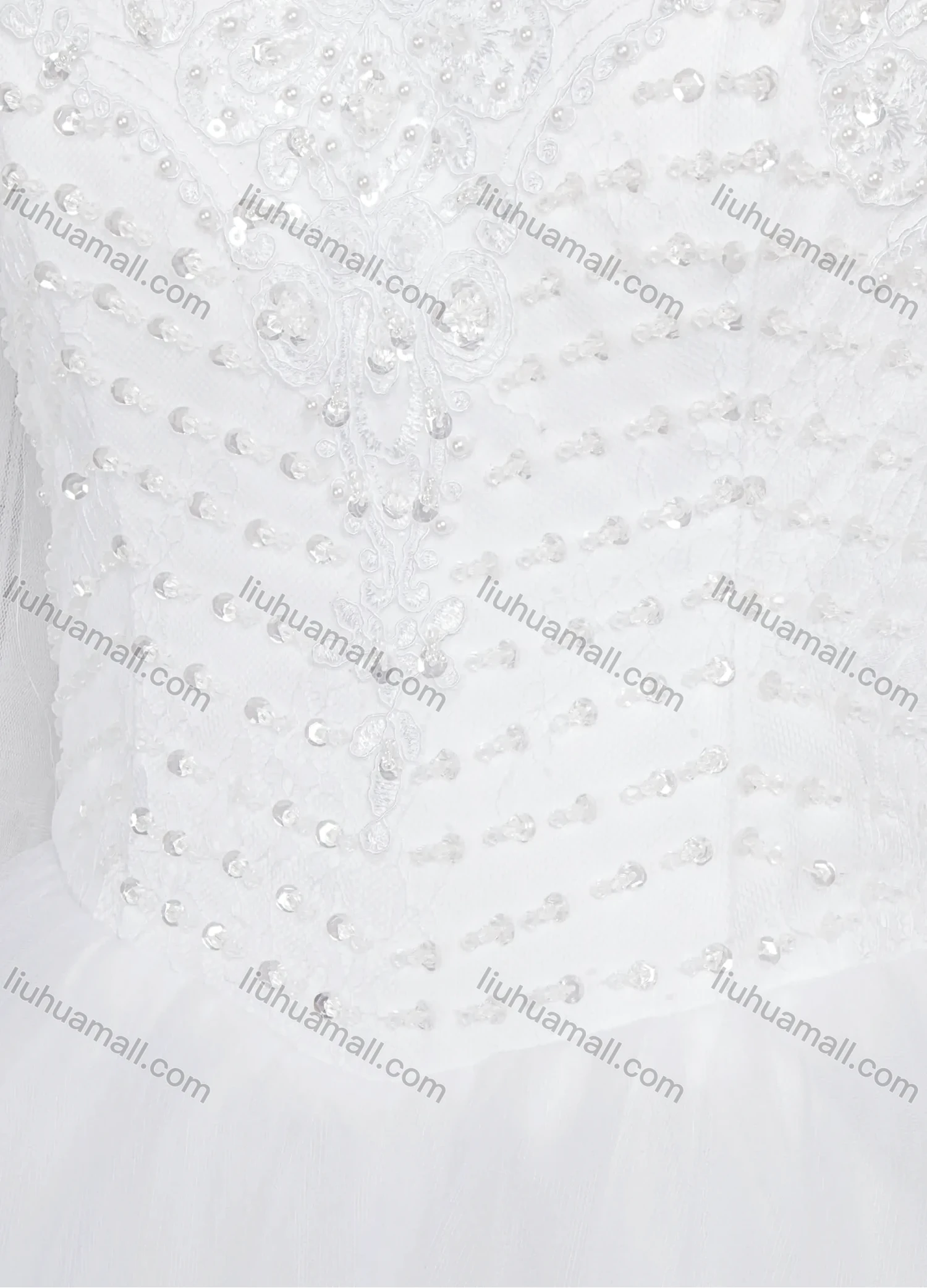 Wholesale Women's Glamorous Embroidery Pearl Decor Round Neck Beaded Corset Bodice Classic Tulle Wedding Dress - Liuhuamall