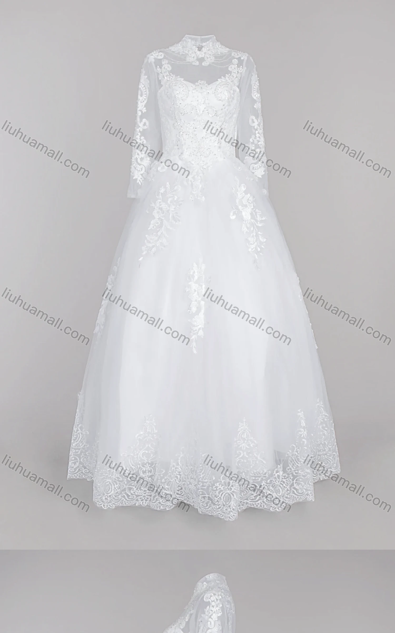 Wholesale Women's Glamorous Sequin Mock Neck Beaded Applique Embroidery Corset Bodice Classic Tulle Wedding Dress - Liuhuamall