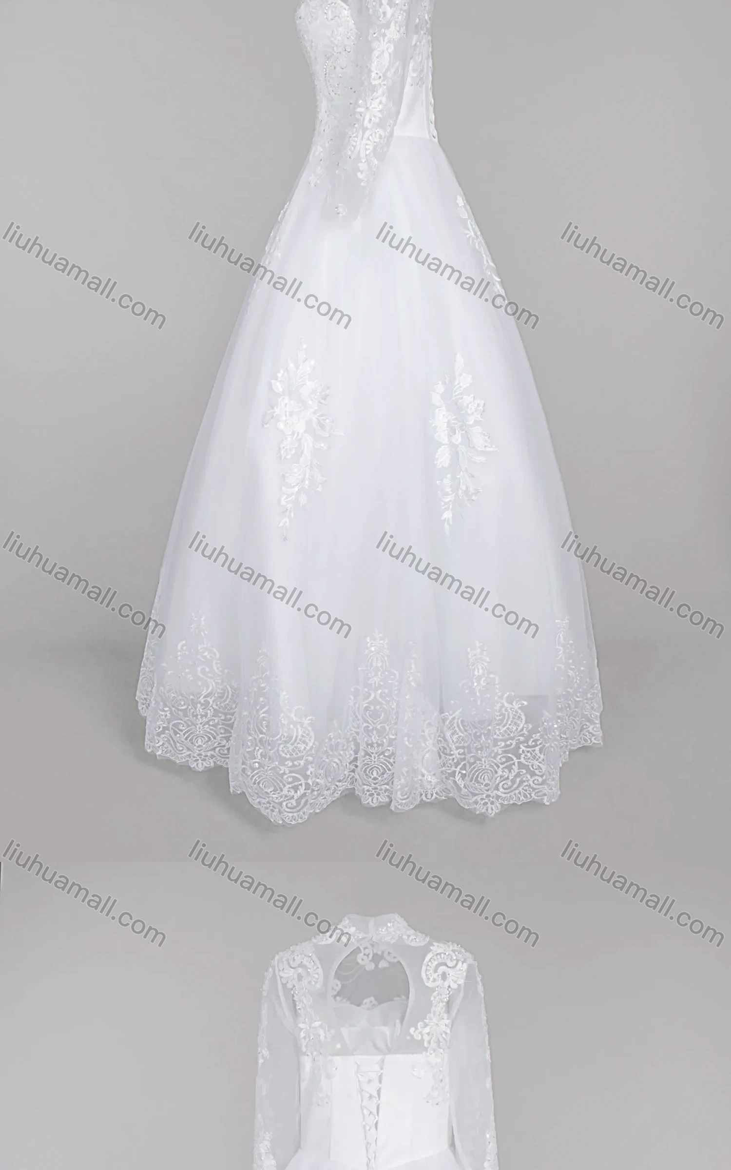 Wholesale Women's Glamorous Sequin Mock Neck Beaded Applique Embroidery Corset Bodice Classic Tulle Wedding Dress - Liuhuamall