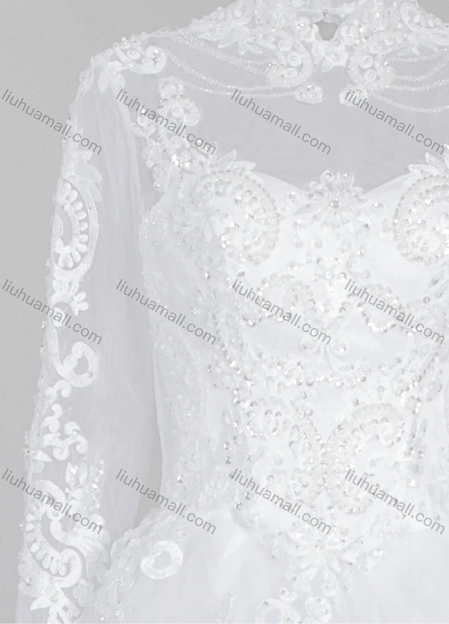 Wholesale Women's Glamorous Sequin Mock Neck Beaded Applique Embroidery Corset Bodice Classic Tulle Wedding Dress - Liuhuamall