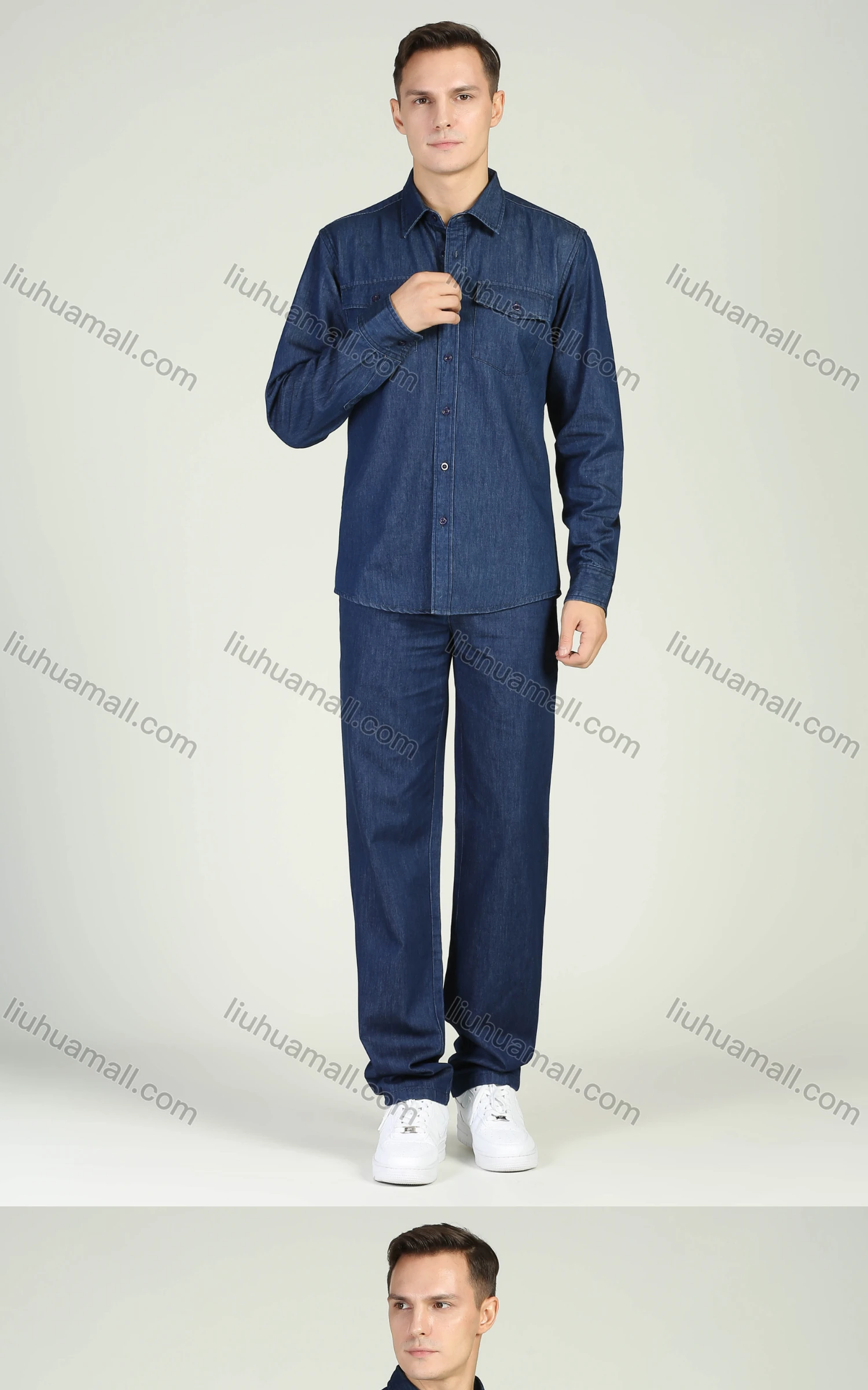 Wholesale Men's Long Sleeve Pocket Button Front Denim Shirt & Straight Leg Trousers 2 Piece Set - Liuhuamall